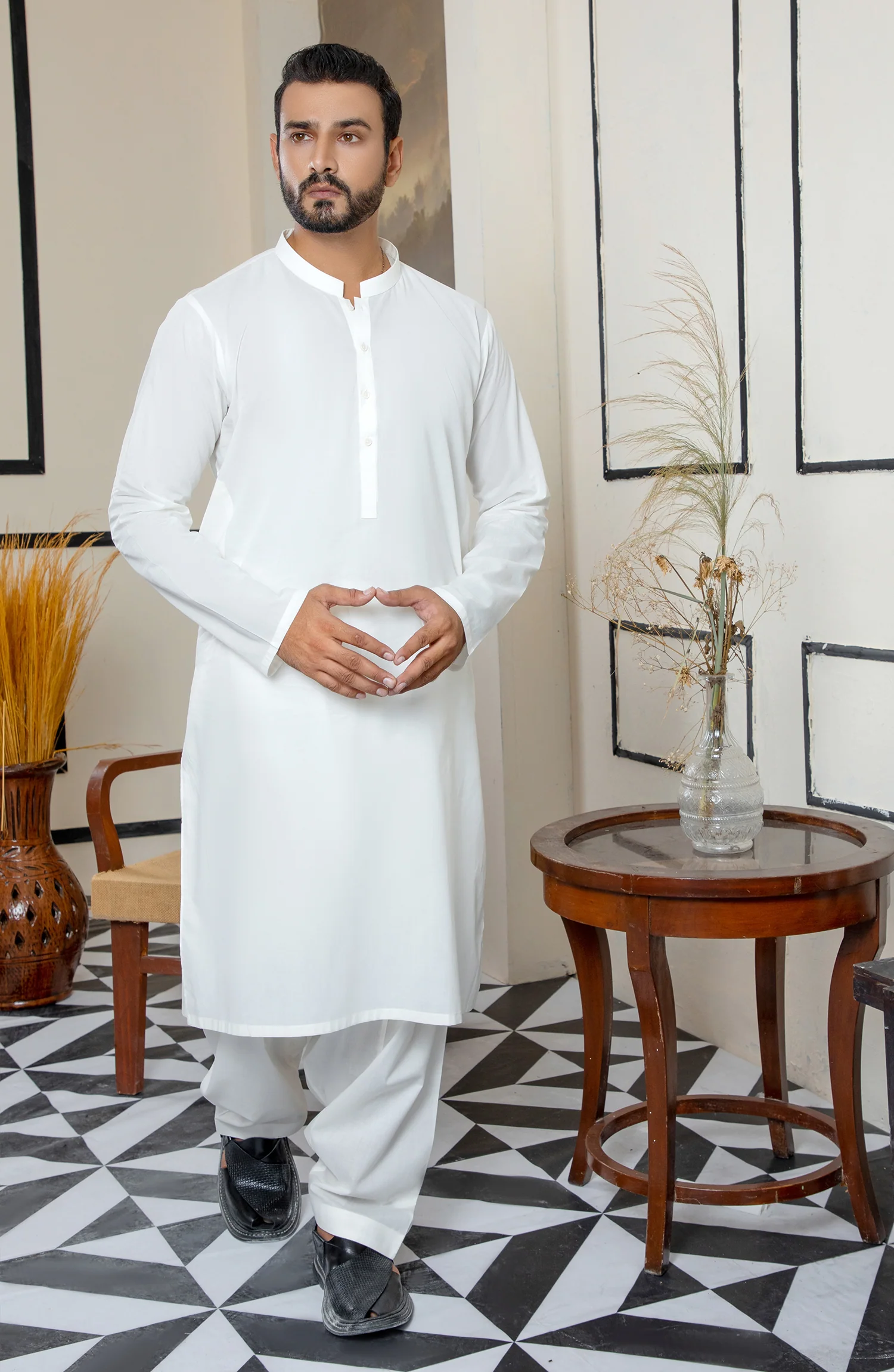 MEN KAMEEZ SHALWAR PLAIN OFF WHITE - Image 3