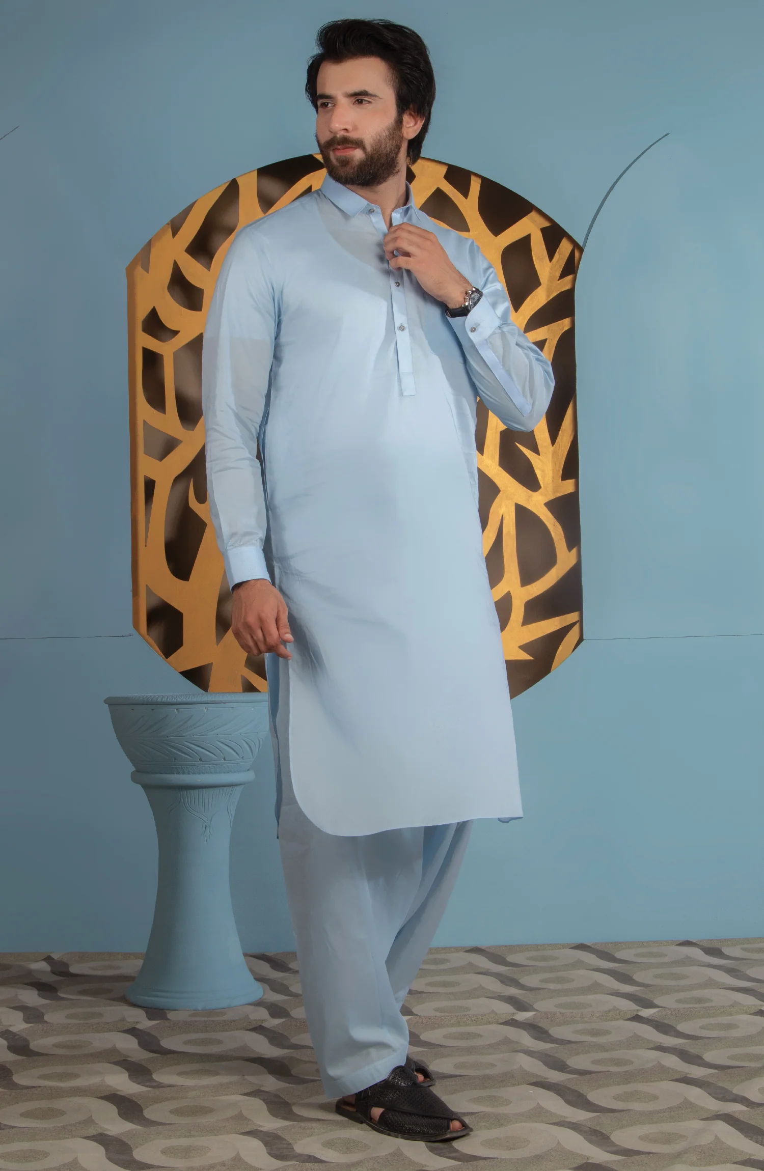 MEN KAMEEZ SHALWAR PLAIN SKY BLUE - Image 3