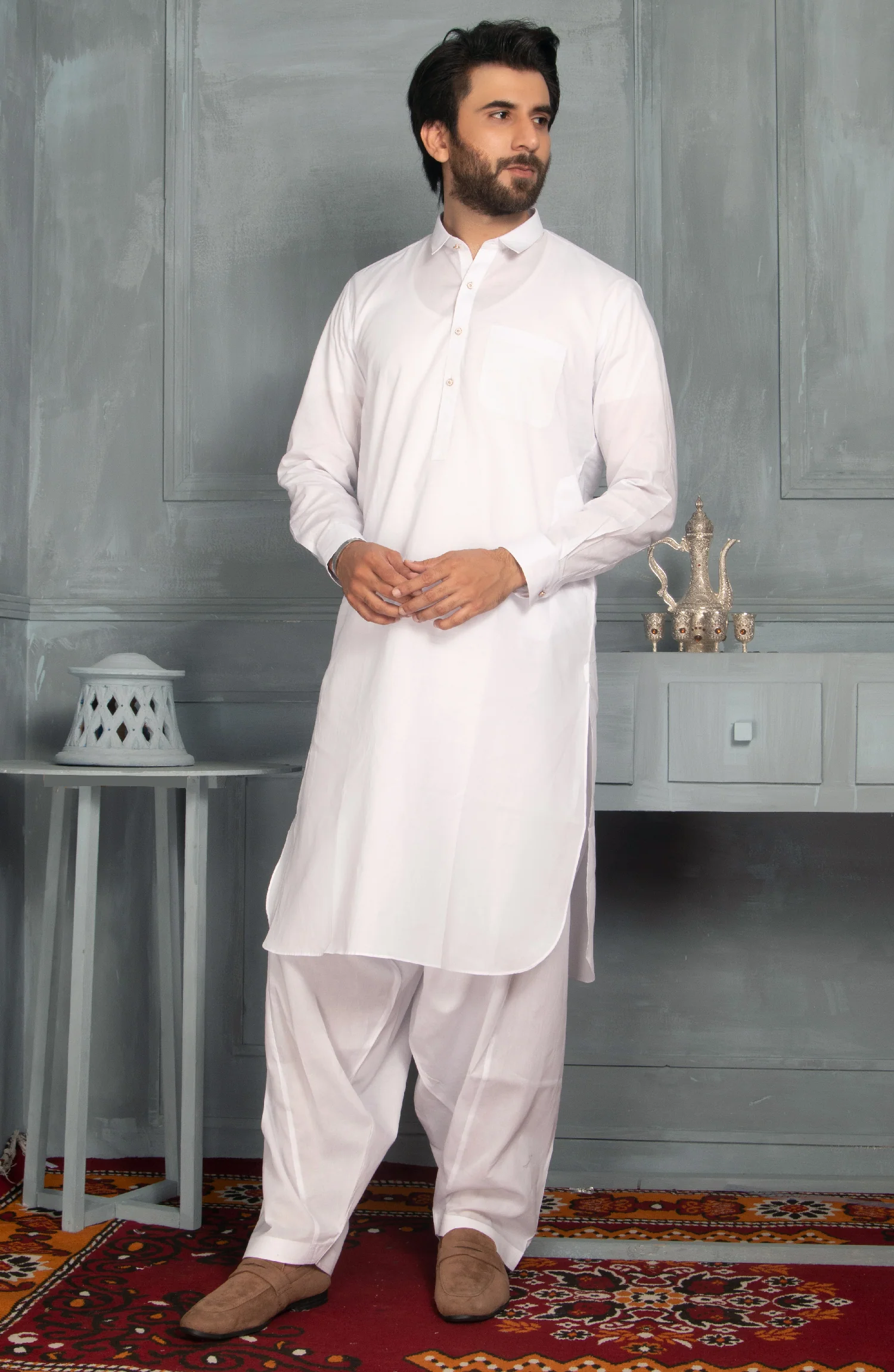 MEN KAMEEZ SHALWAR PLAIN WHITE - Image 3