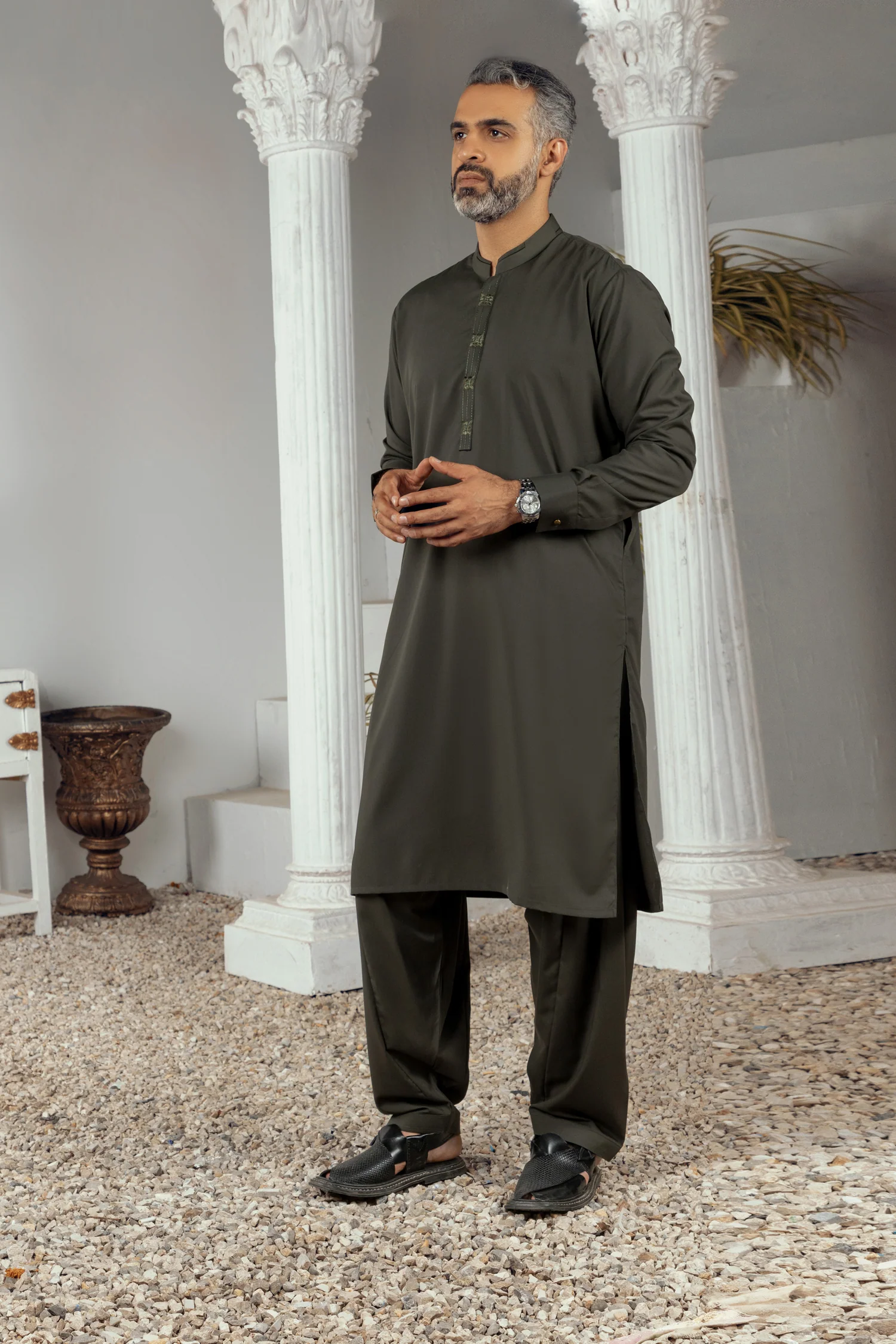 MEN KAMEEZ SHALWAR SEMI FORMAL GREEN - Image 3