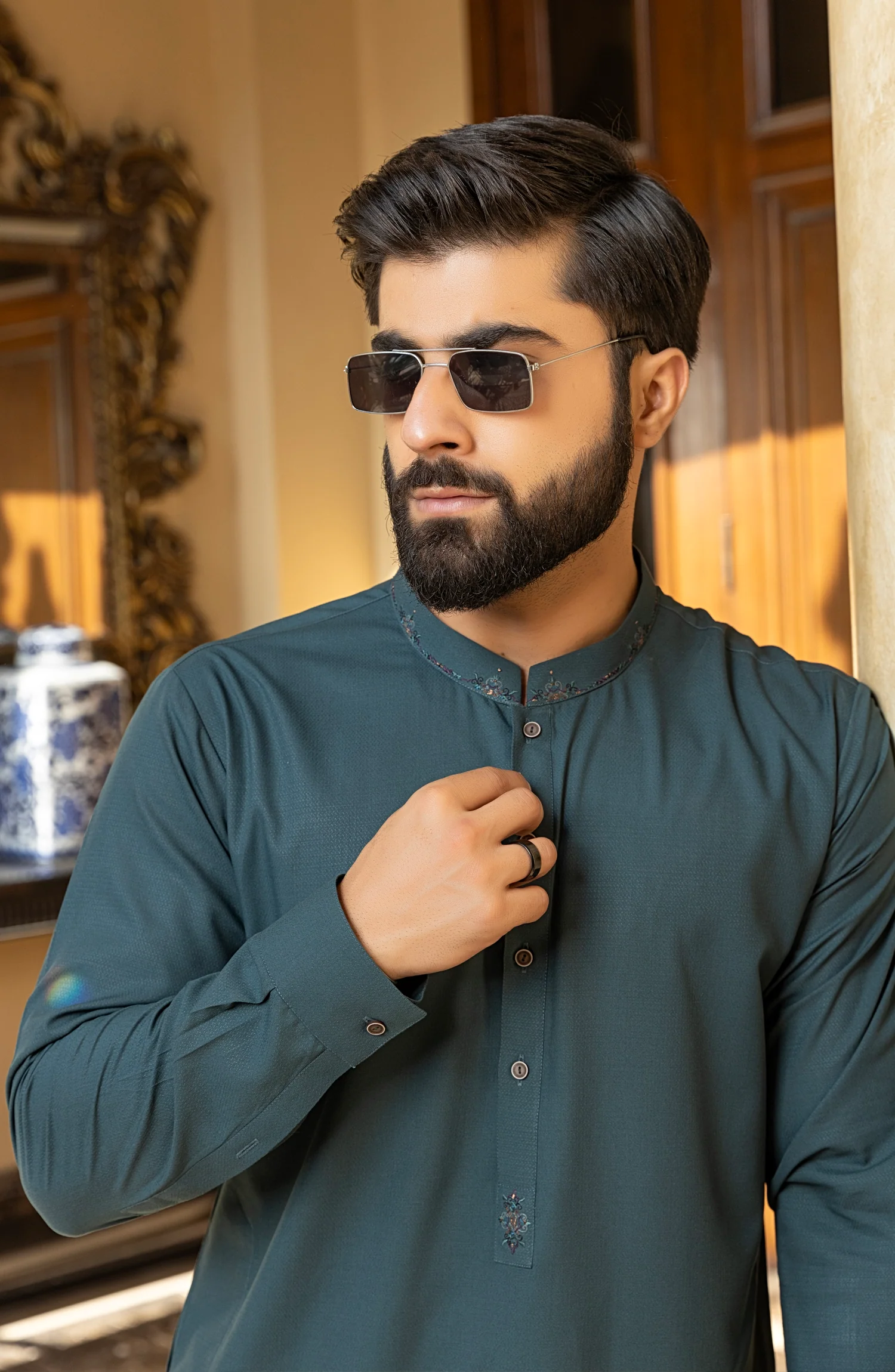 MEN KURTA PAJAMA TEAL - Image 4