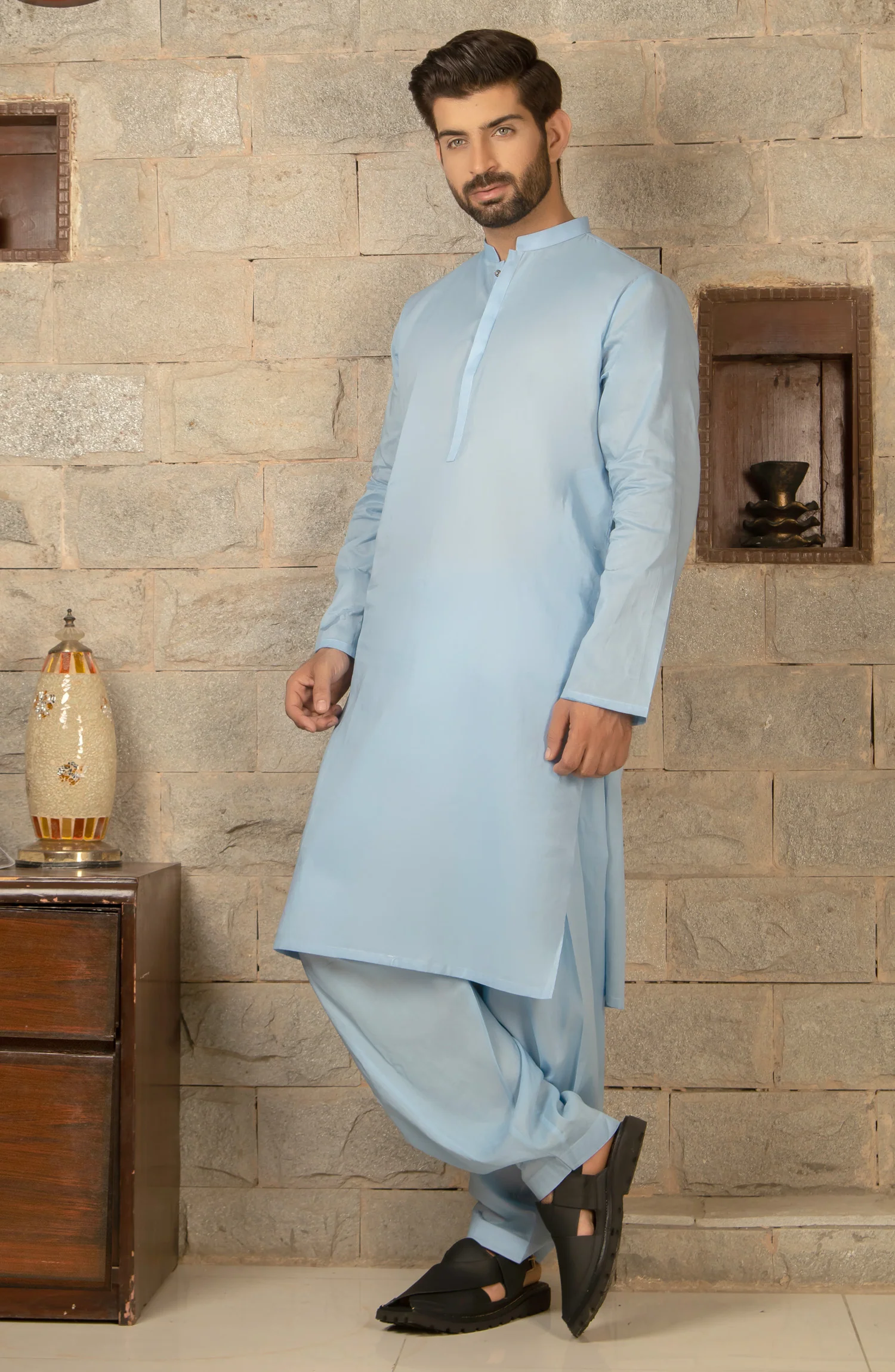 MEN KAMEEZ SHALWAR PLAIN SKY BLUE - Image 2