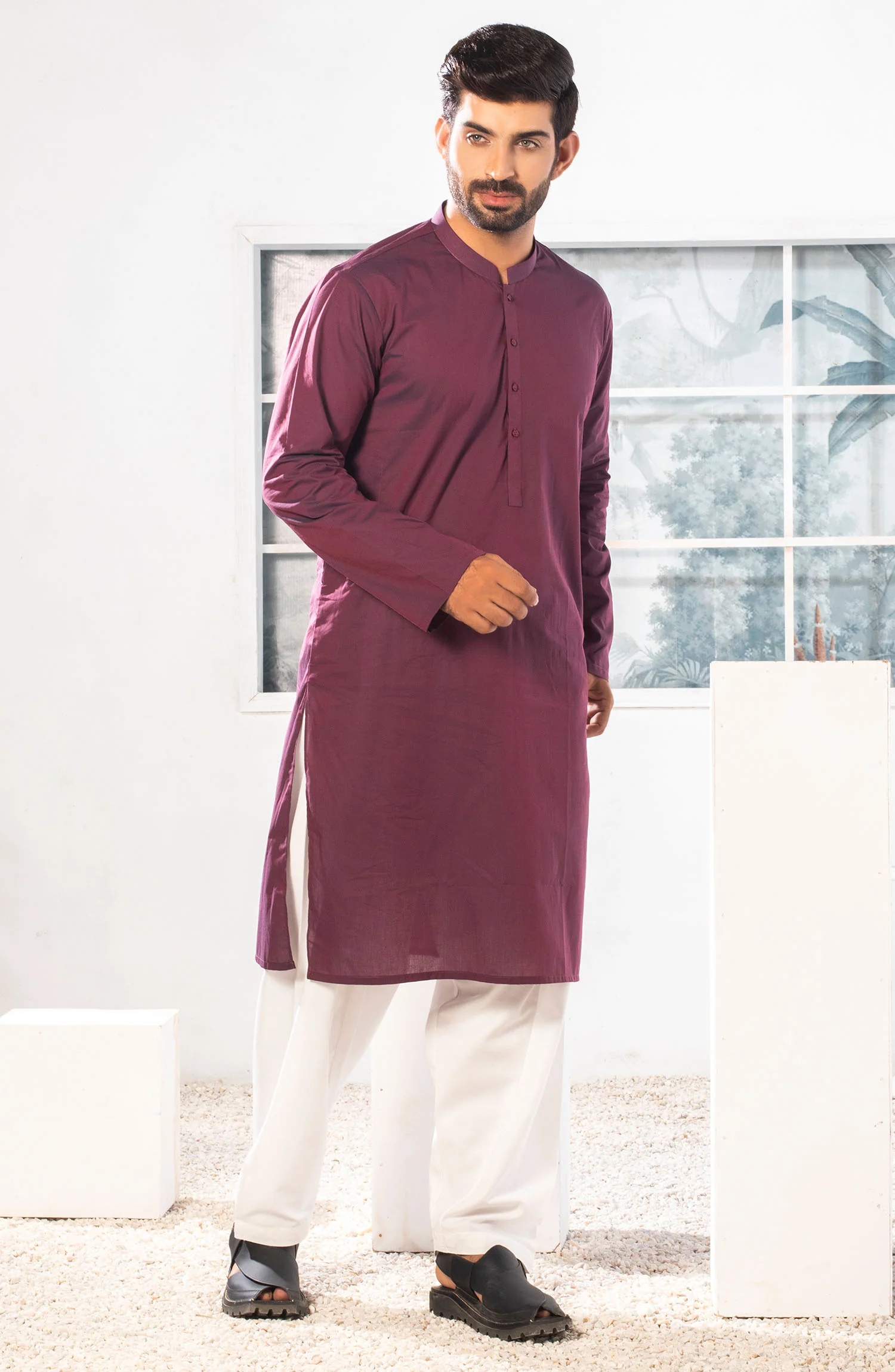 MEN KURTA PLAIN MAROON - Image 3