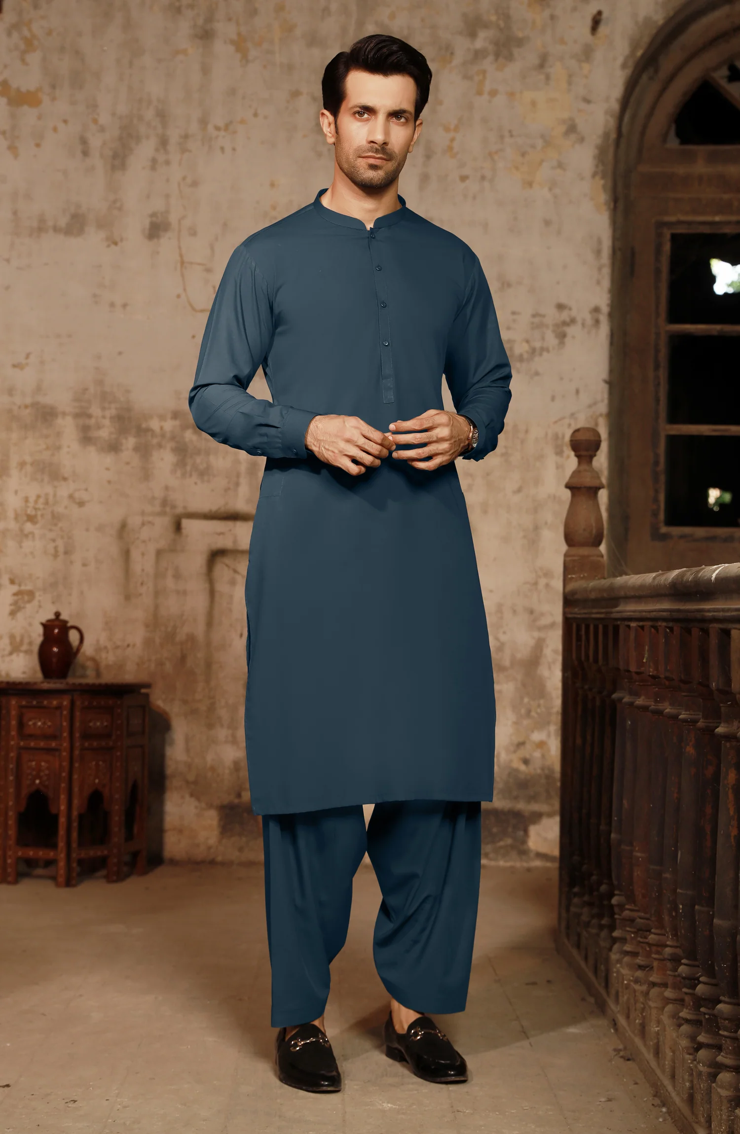 MIDNIGHT BLUE KAMEEZ SHALWAR WITH WAIST COAT - Image 2