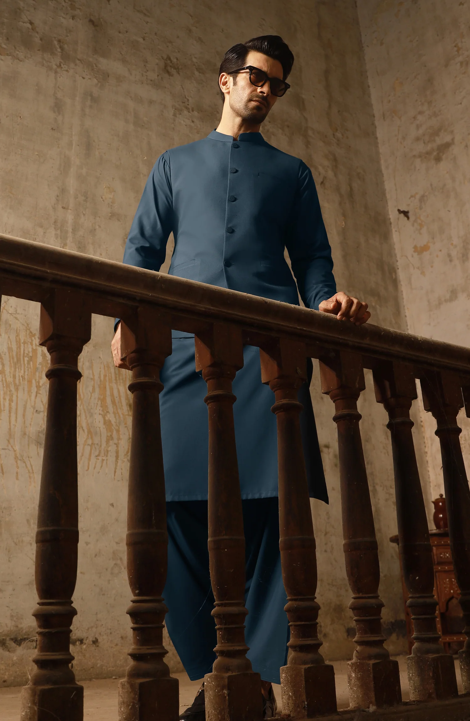 MIDNIGHT BLUE KAMEEZ SHALWAR WITH WAIST COAT - Image 4