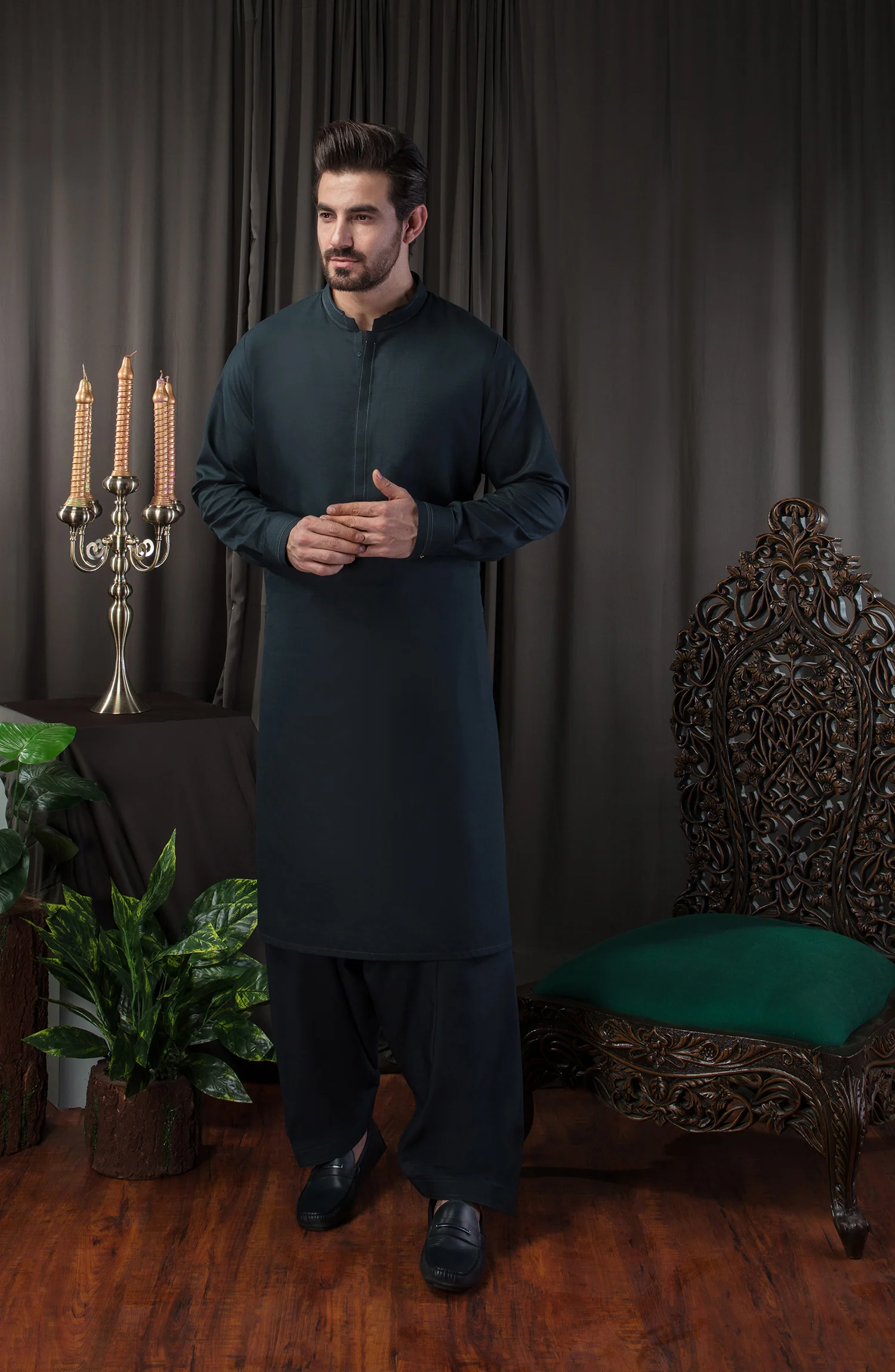 MEN KAMEEZ SHALWAR SEMI FORMAL DARK GREEN