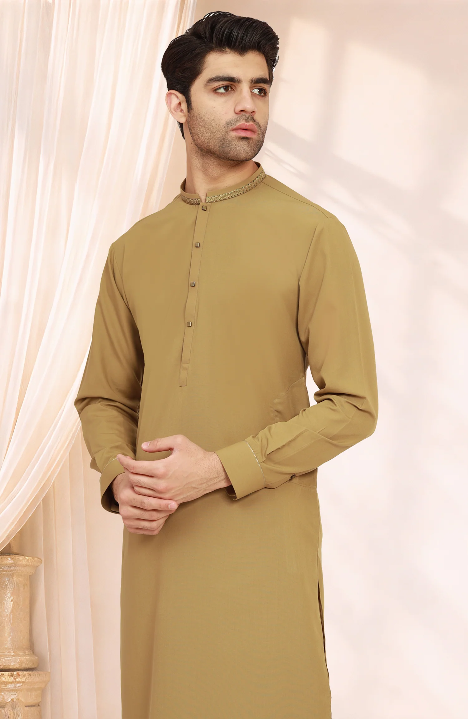 MUSTARD BLENDED EMBROIDERED KAMEEZ SHALWAR - Image 3