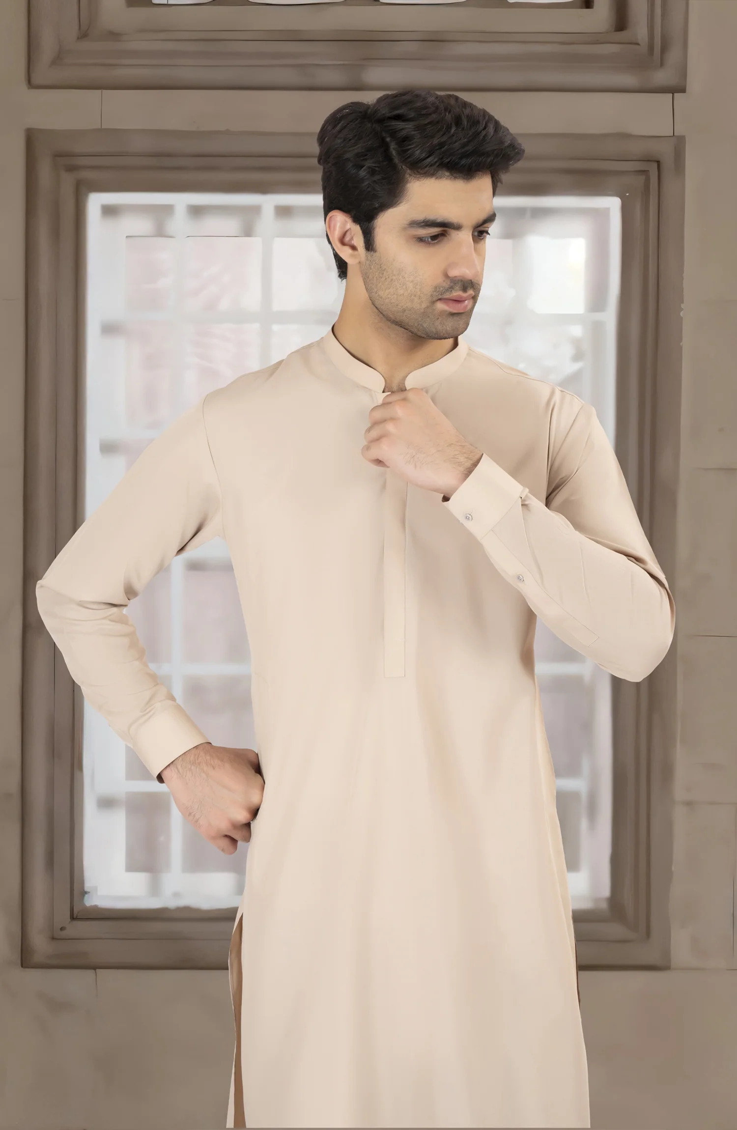 NATURAL-BEIGE BLENDED KAMEEZ SHALWAR - Image 3