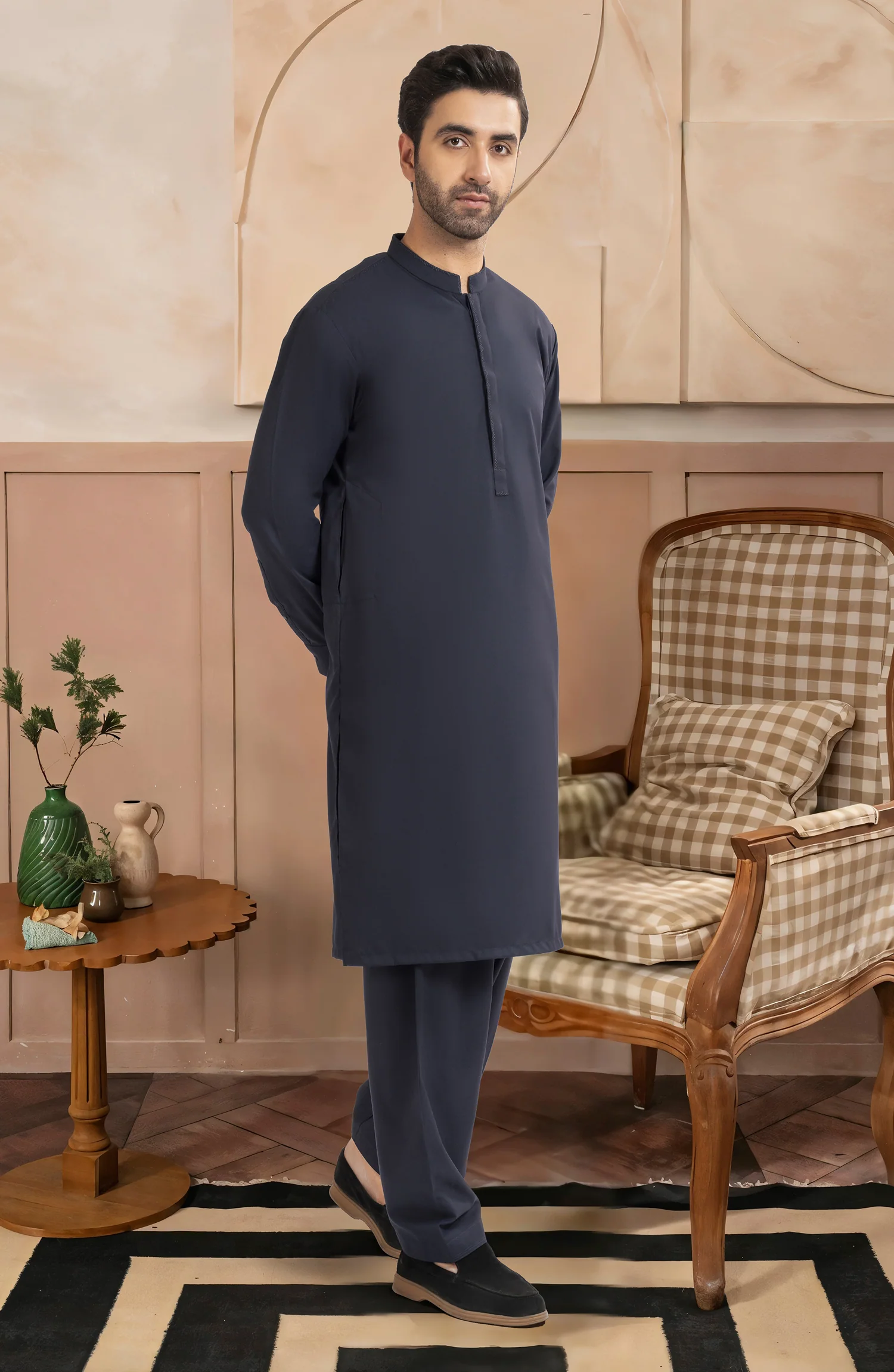 NAVY BLENDED EMBROIDERED KAMEEZ SHALWAR