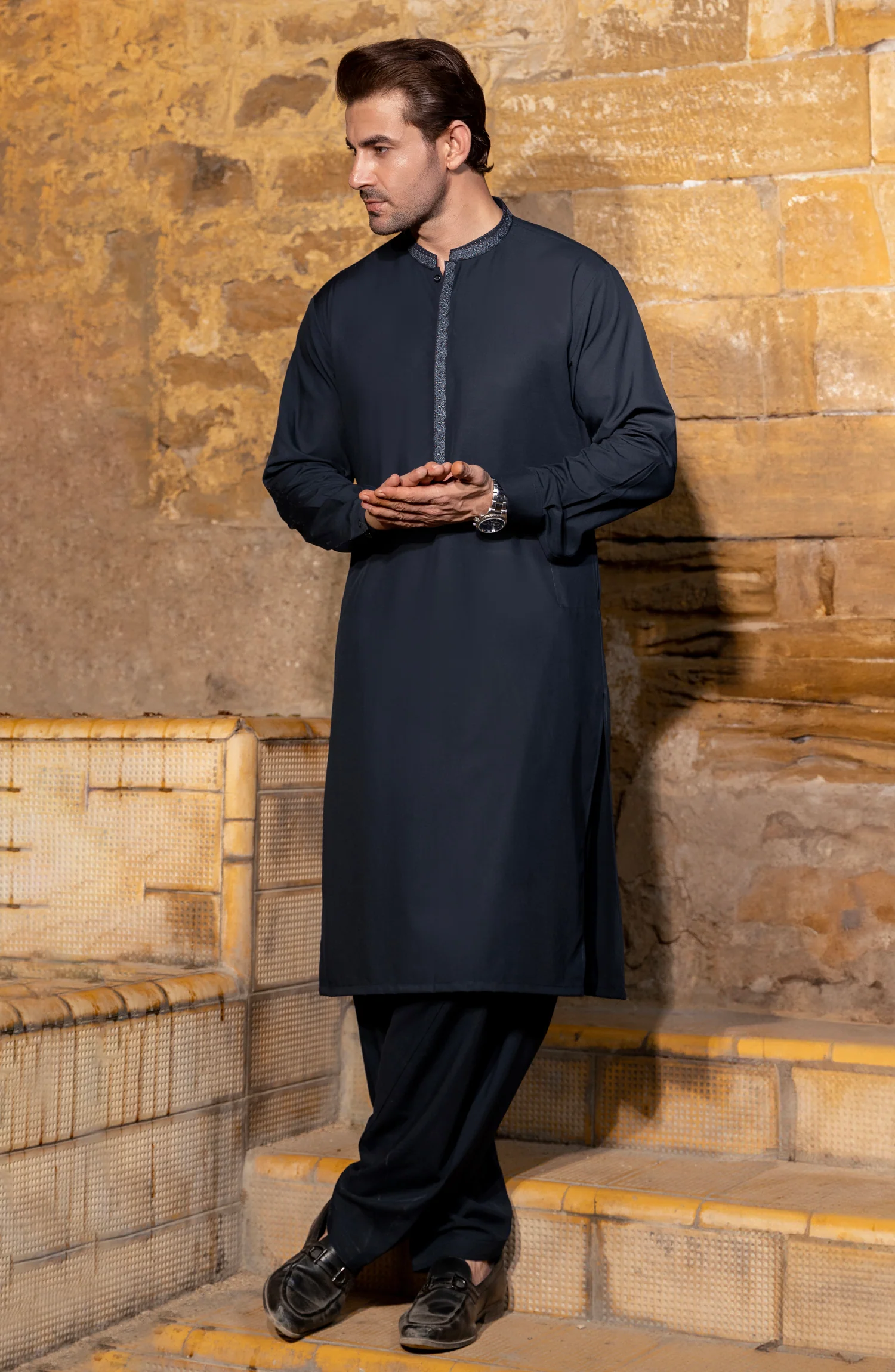 NAVY BLENDED EMBROIDERED KAMEEZ SHALWAR - Image 3
