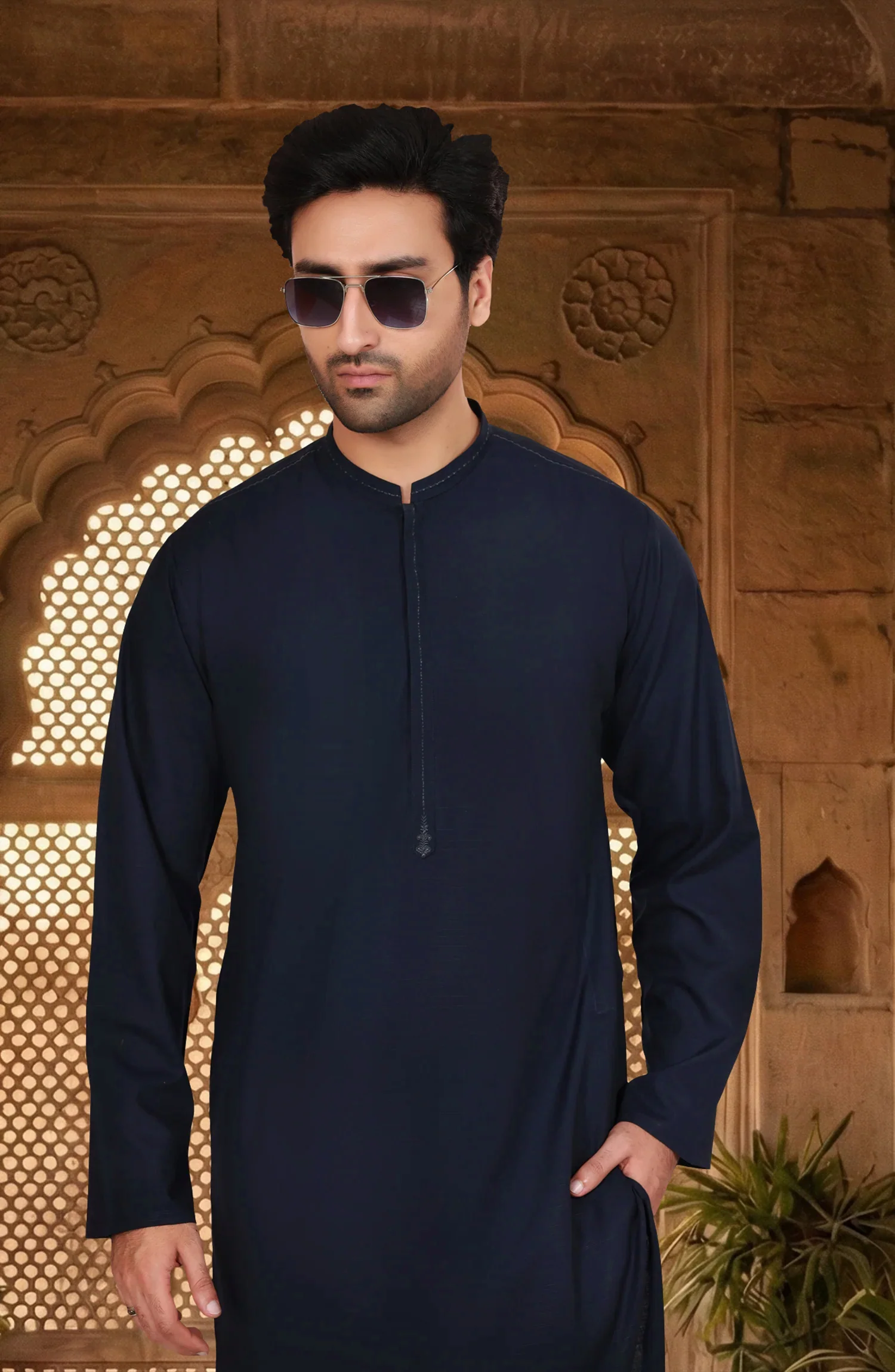 NAVY BLENDED EMBROIDERED KURTA - Image 2
