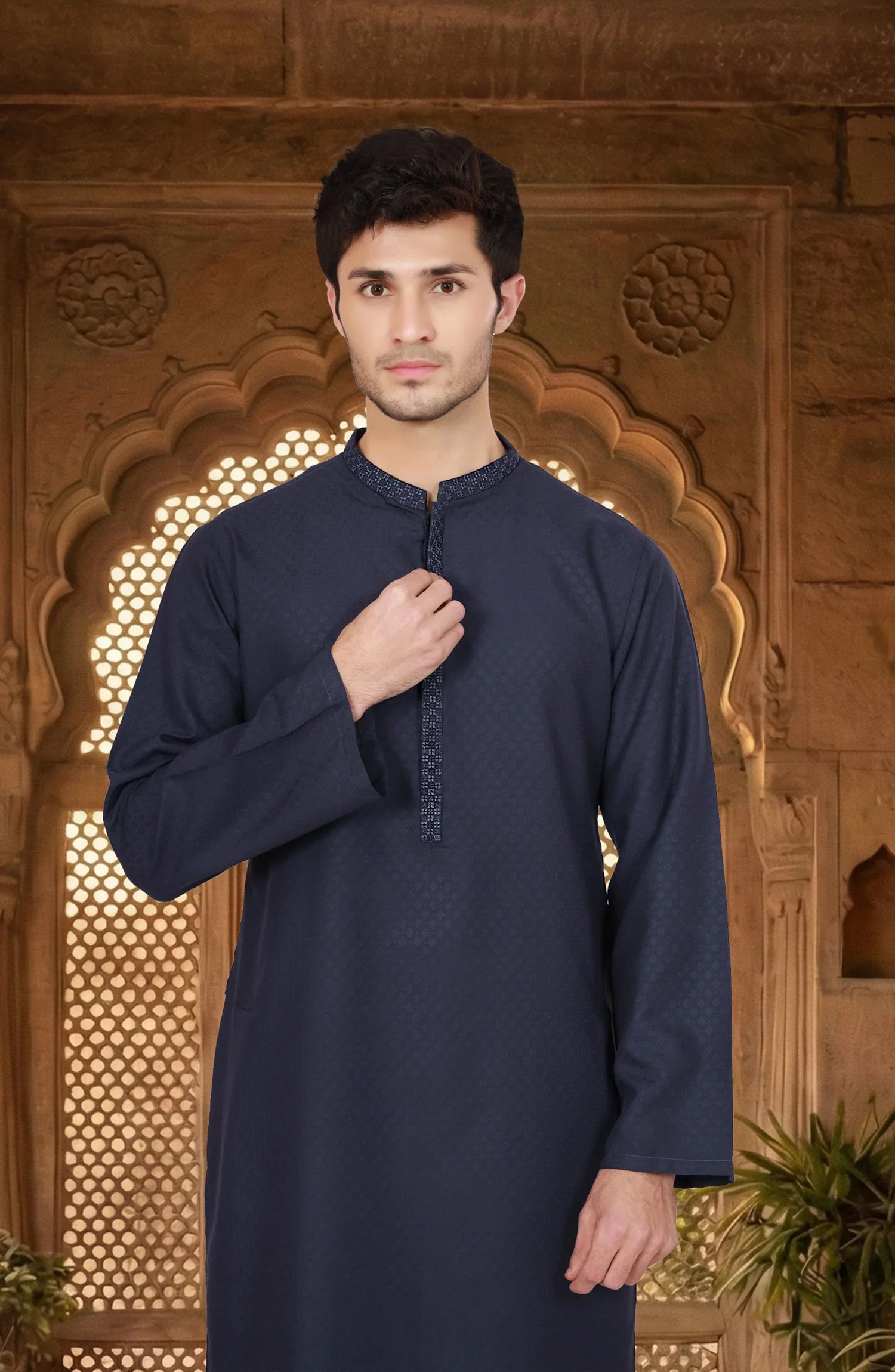 NAVY BLENDED EMBROIDERED KURTA - Image 2