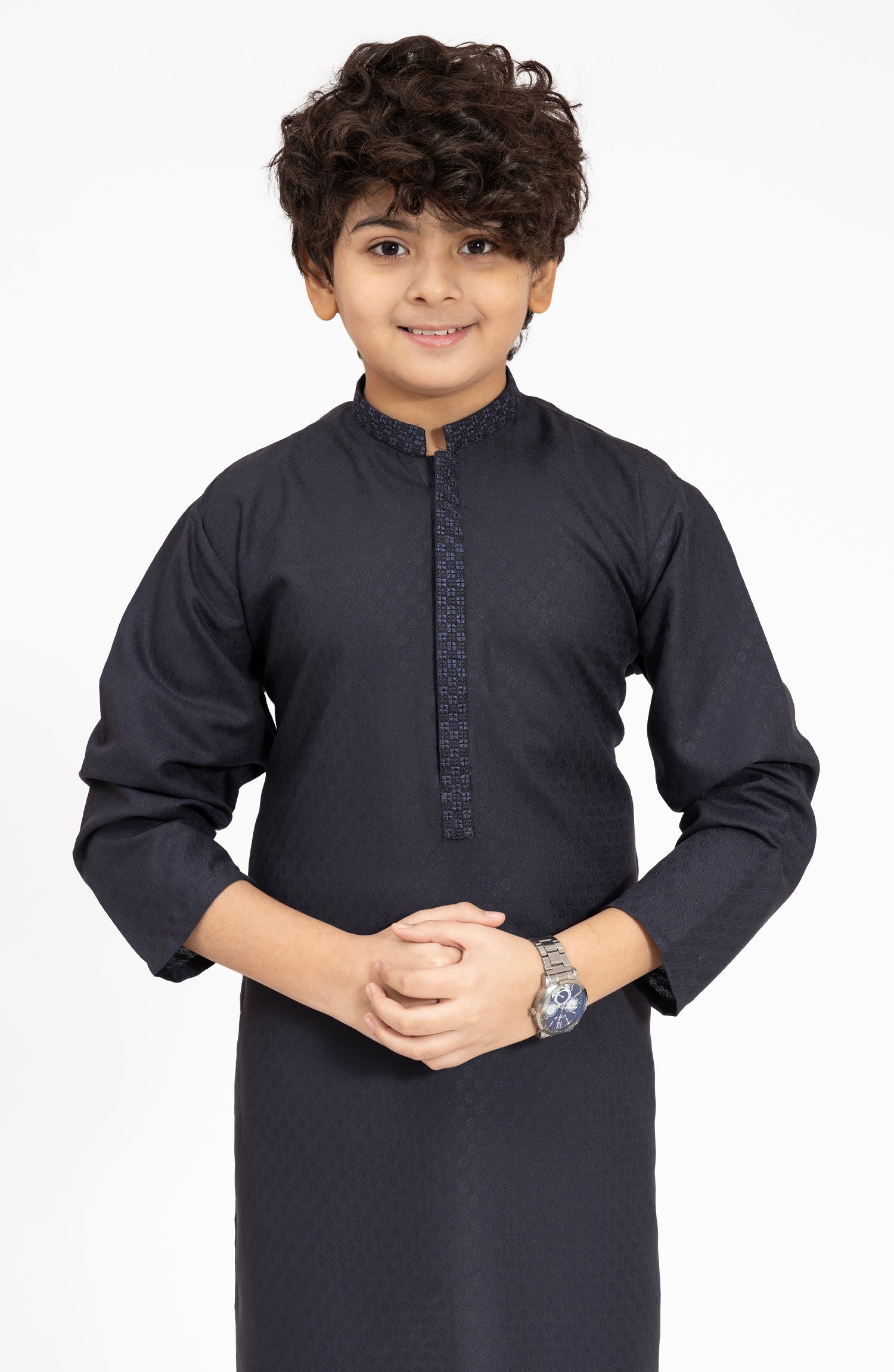 NAVY BLENDED EMBROIDERED KURTA - Image 2