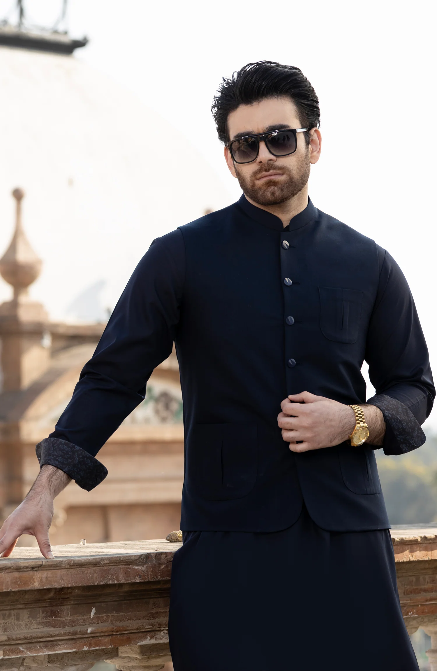 NAVY BLENDED KAMEEZ SHALWAR WAISTCOAT - Image 4