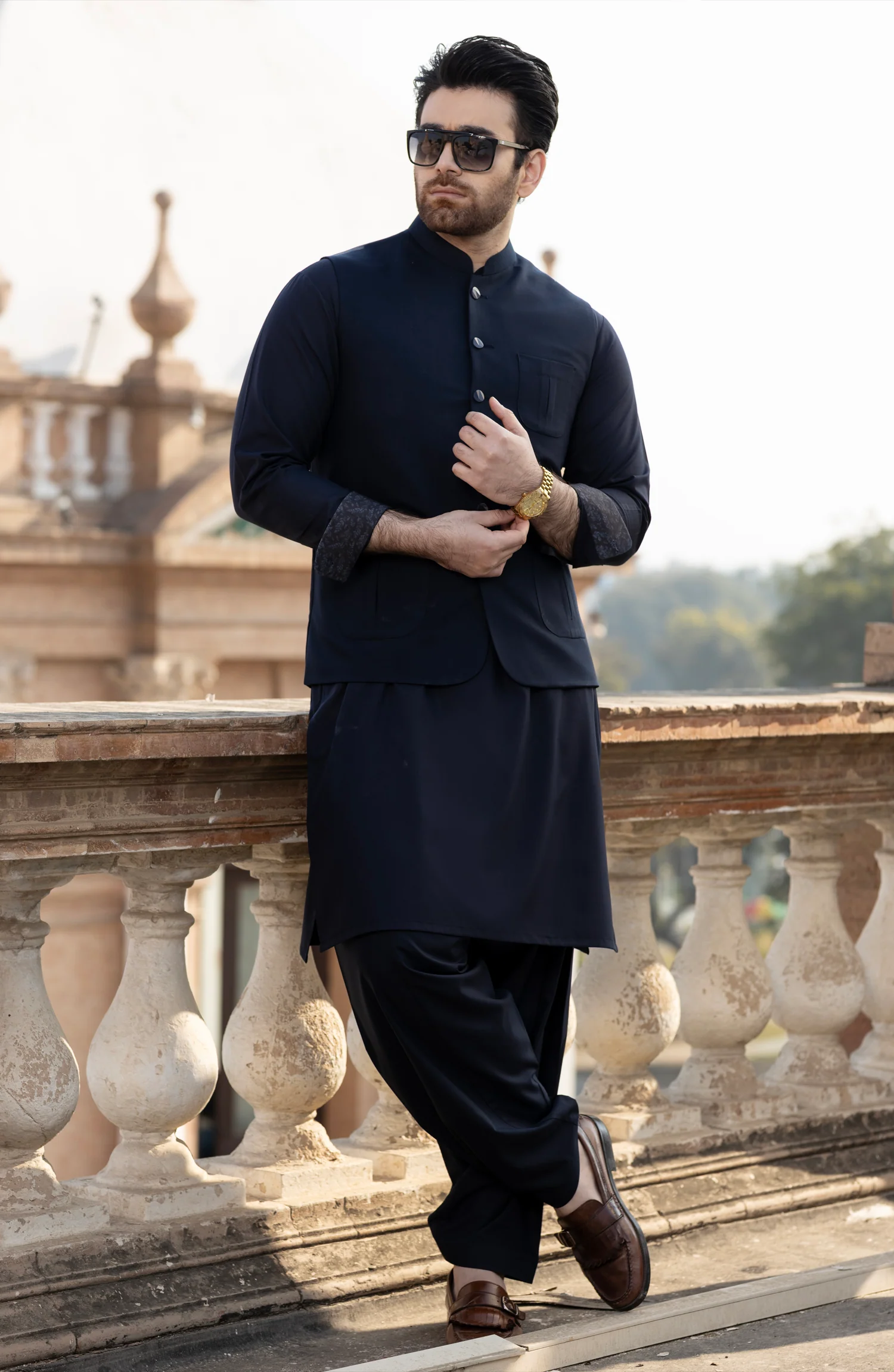 NAVY BLENDED KAMEEZ SHALWAR WAISTCOAT - Image 6