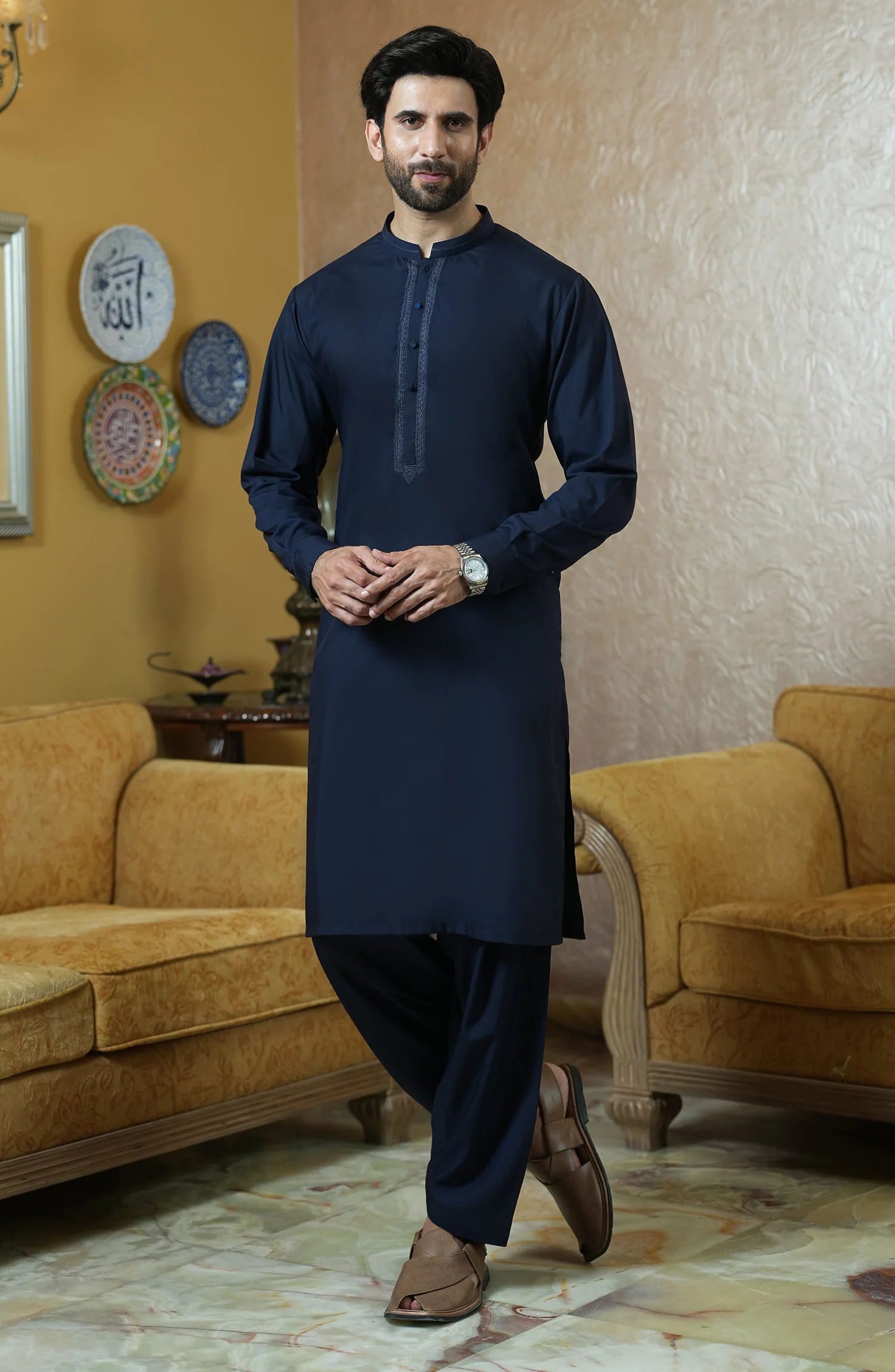 NAVY EMBROIDERED BLENDED KAMEEZ SHALWAR