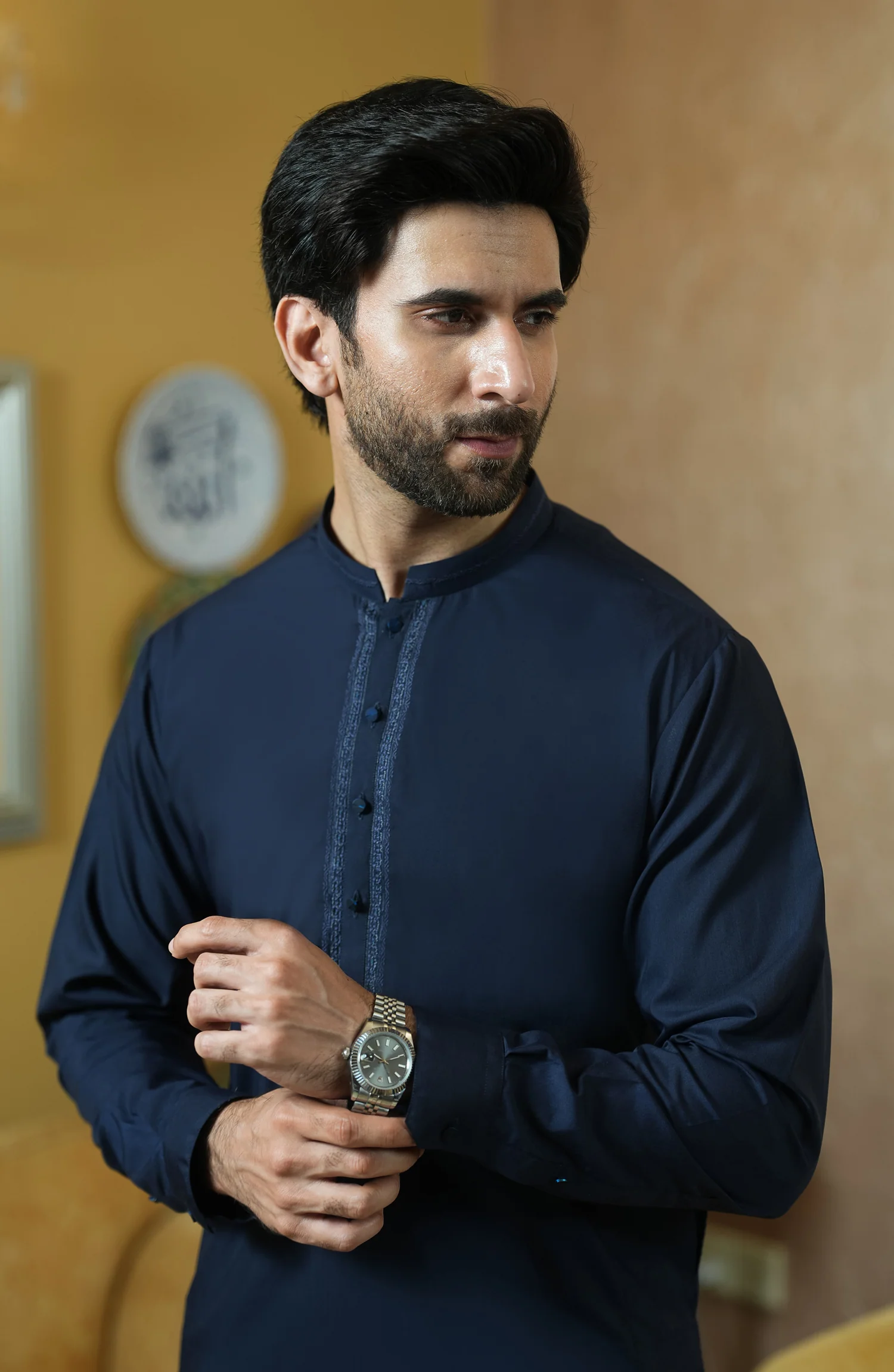 NAVY EMBROIDERED BLENDED KAMEEZ SHALWAR - Image 2