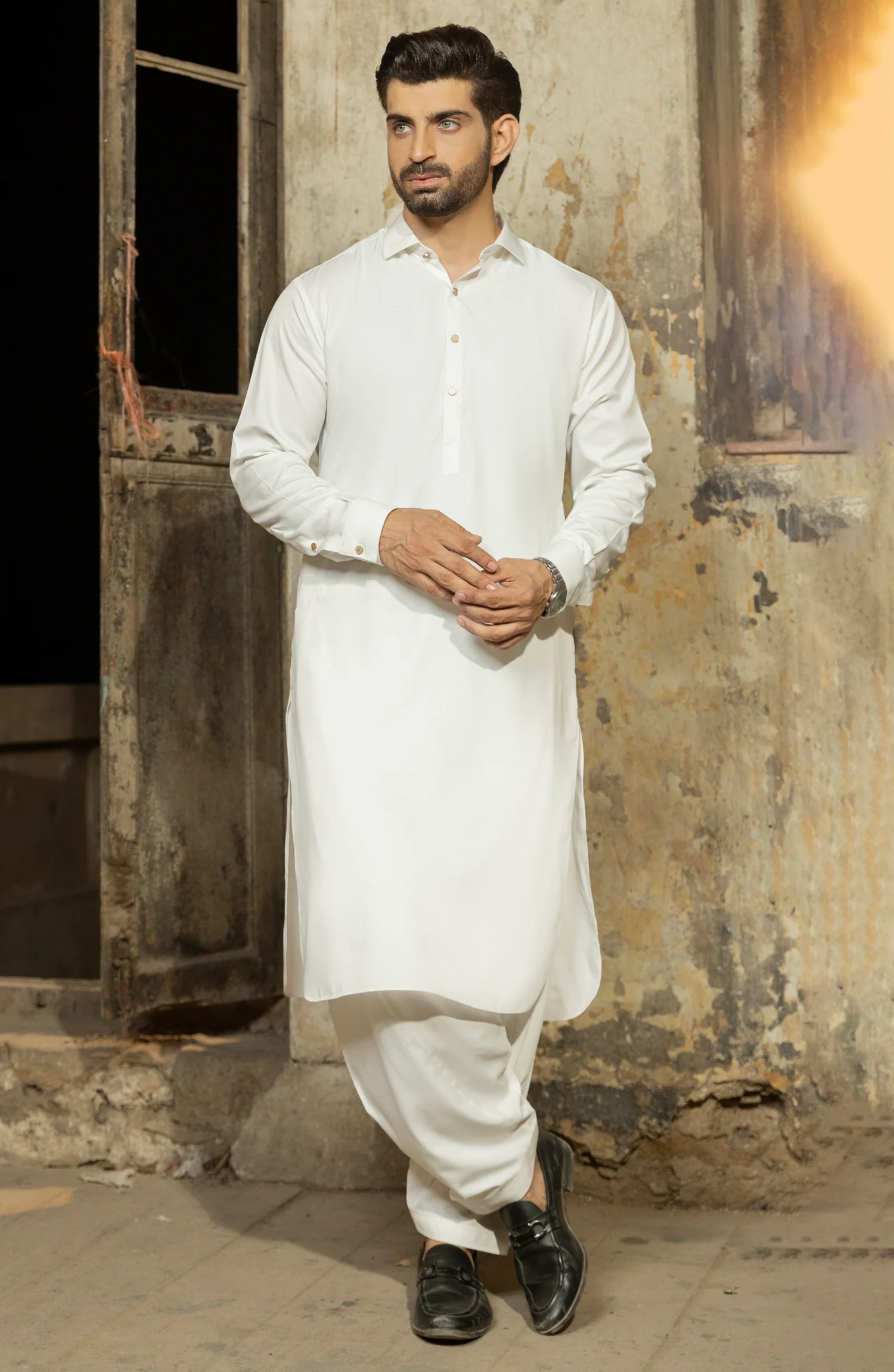 OFF WHITE BLENDED KAMEEZ SHALWAR - Image 3