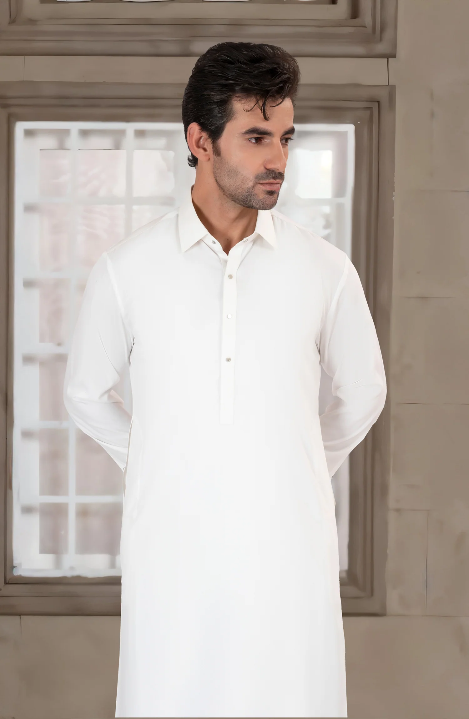 OFF WHITE BLENDED KAMEEZ SHALWAR - Image 3