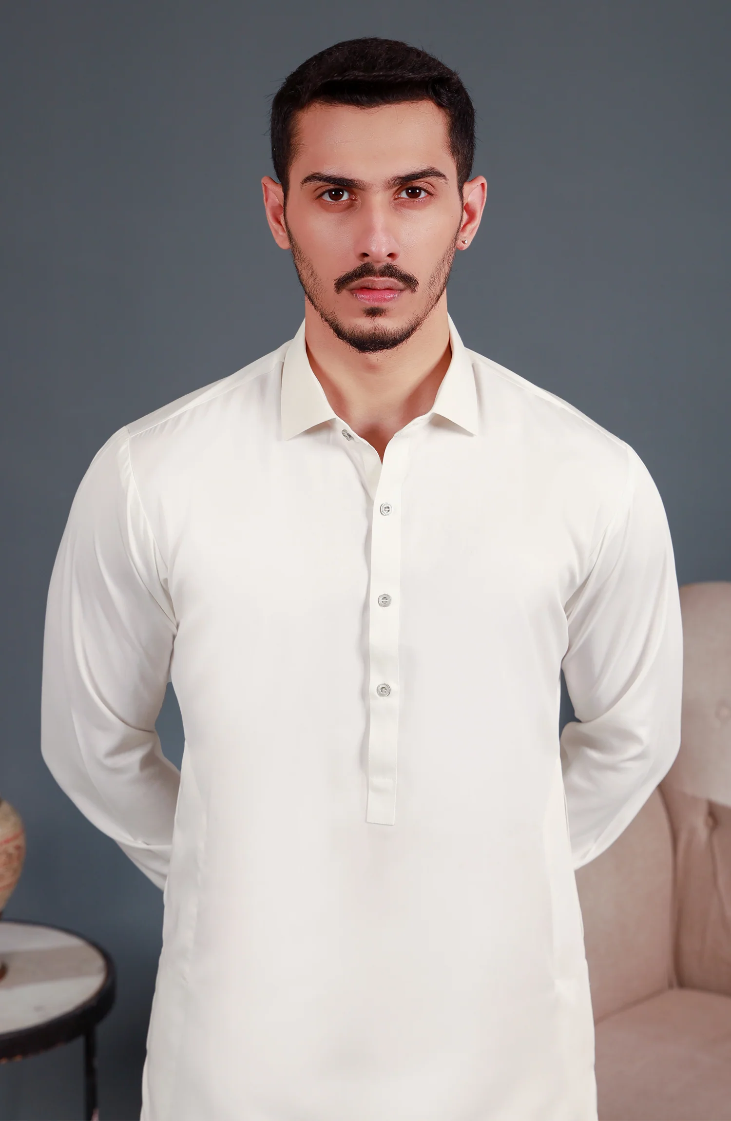 OFF WHITE BLENDED KAMEEZ SHALWAR - Image 2