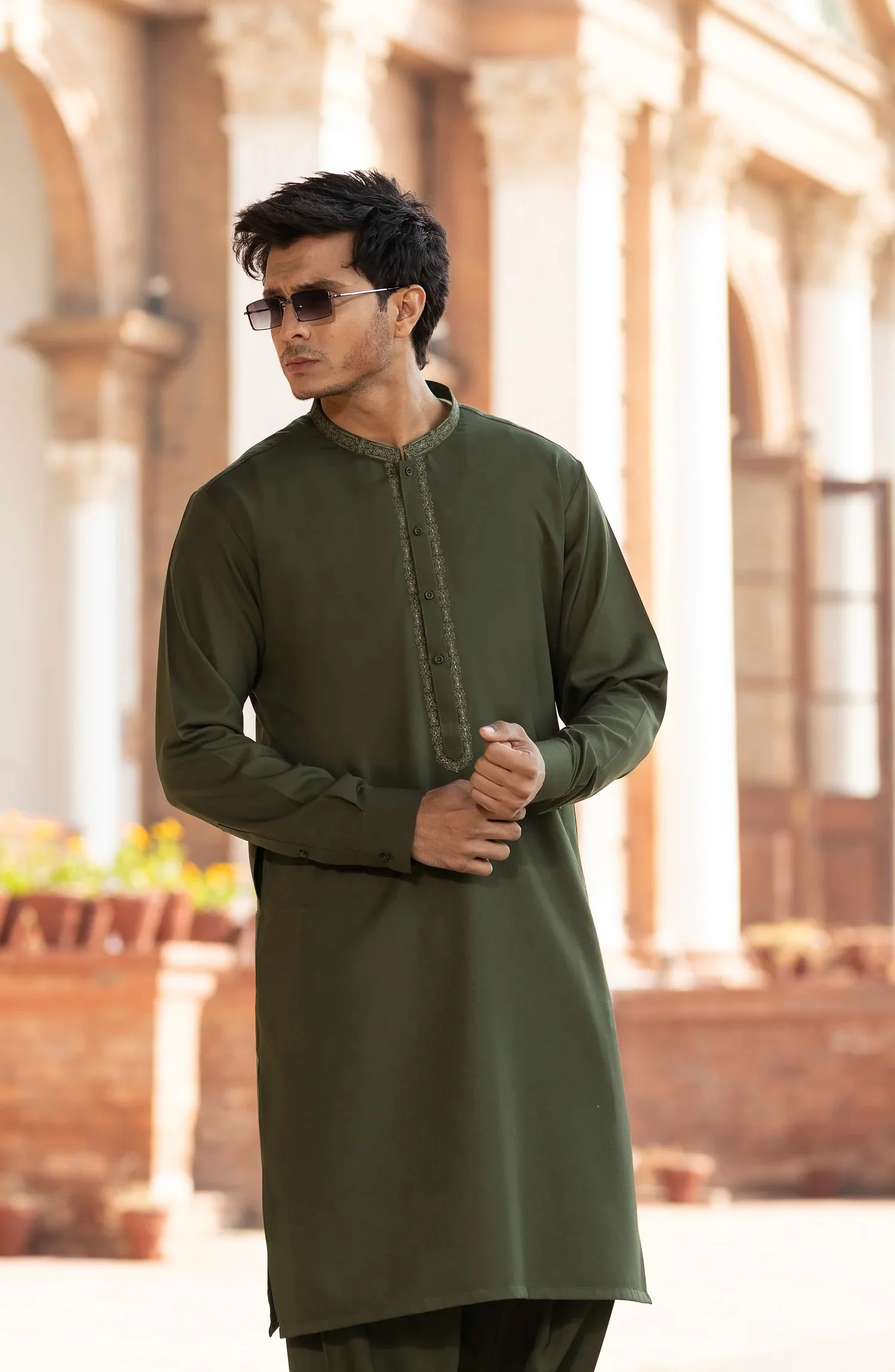 OLIVE BLENDED EMBROIDERED KAMEEZ SHALWAR - Image 2