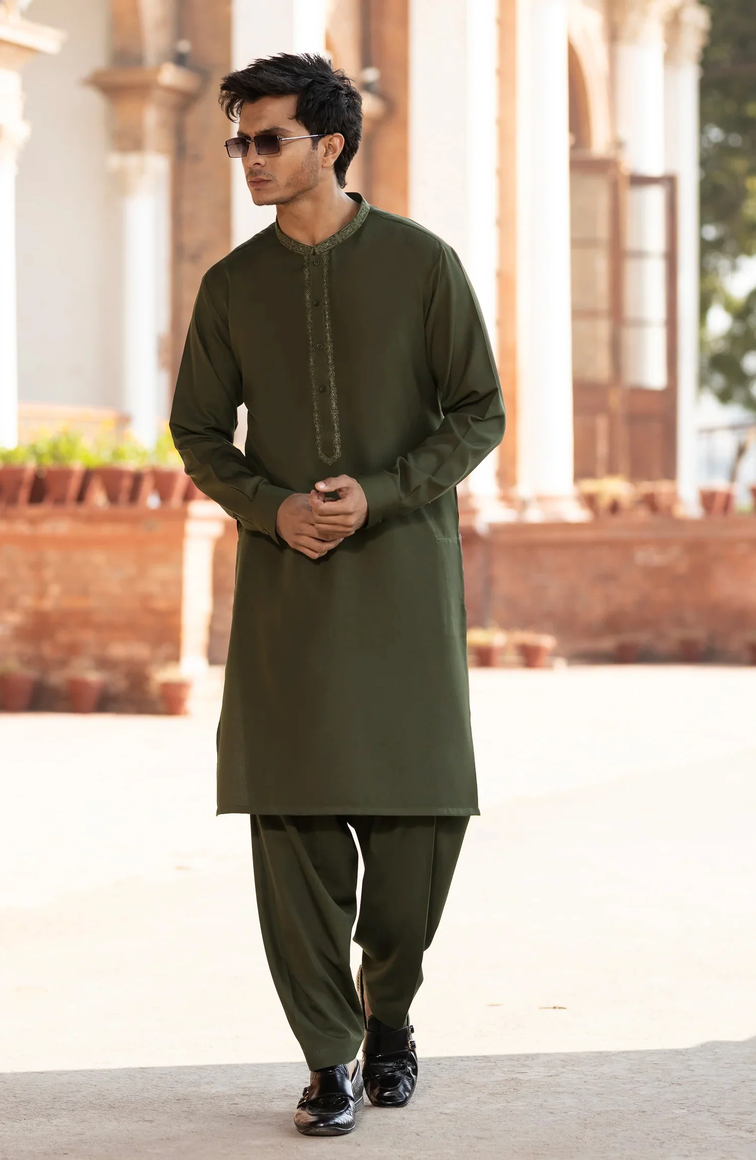OLIVE BLENDED EMBROIDERED KAMEEZ SHALWAR - Image 7
