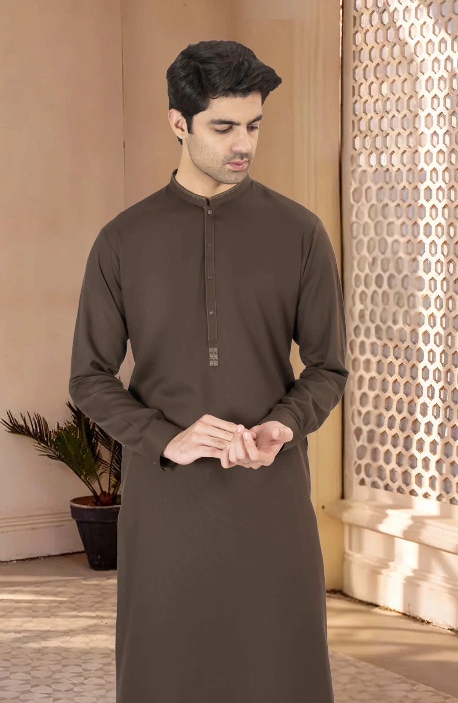 OLIVE EMBROIDERED BLENDED KAMEEZ SHALWAR - Image 5