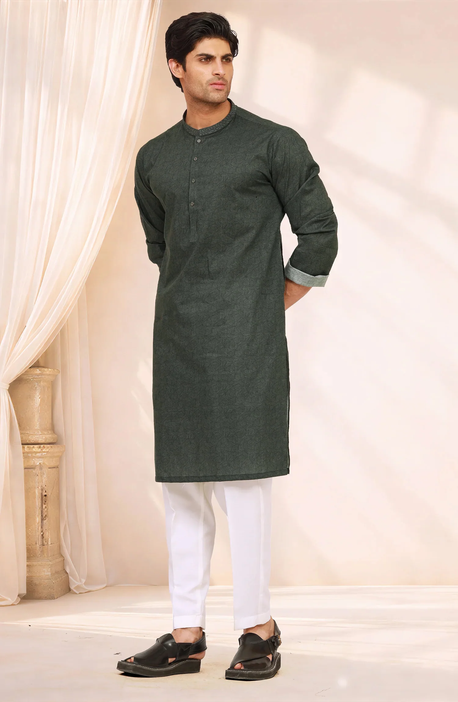OLIVE-GREEN 100% COTTON PRINTED KURTA - Image 4