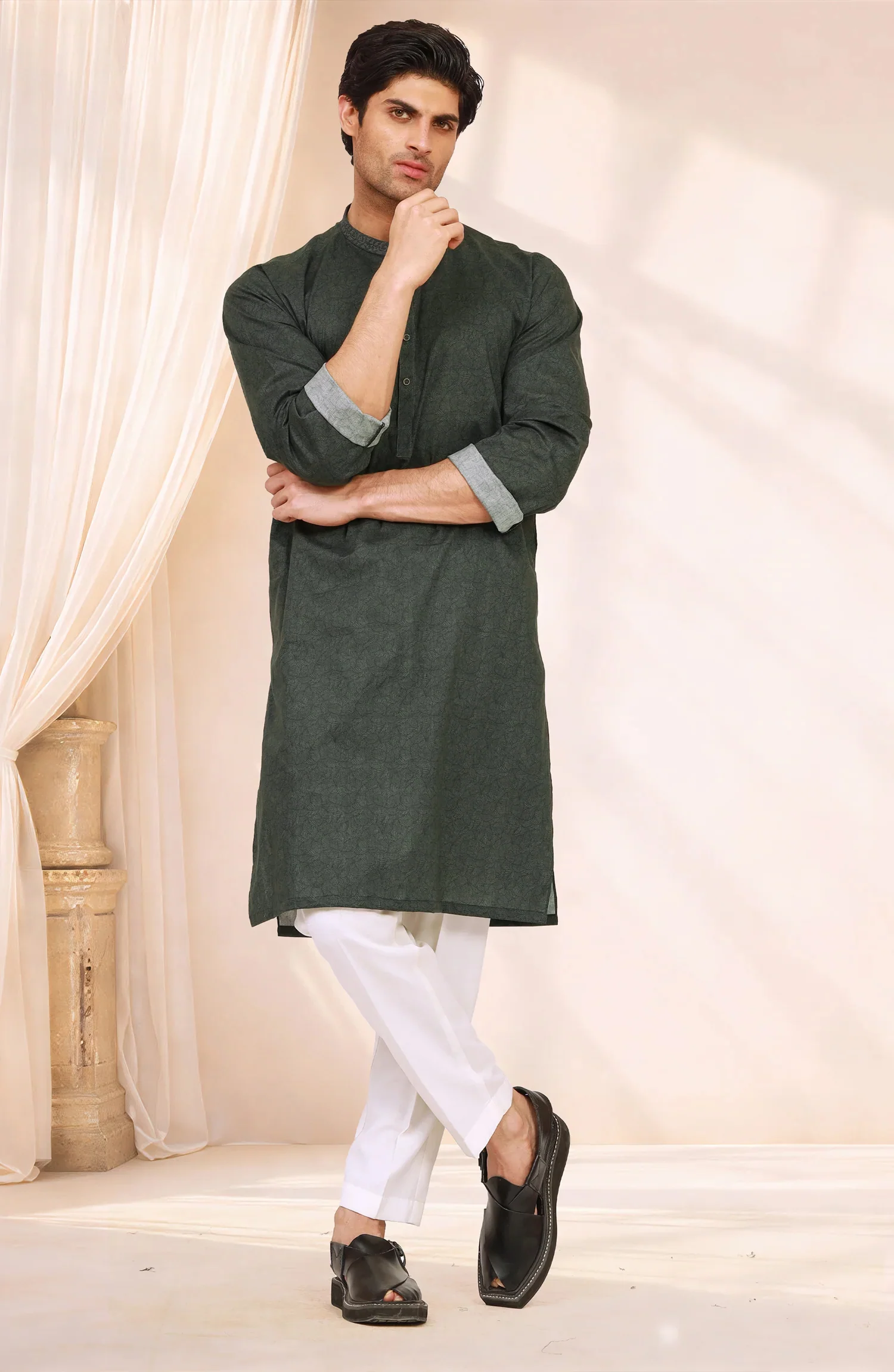 OLIVE-GREEN 100% COTTON PRINTED KURTA - Image 5