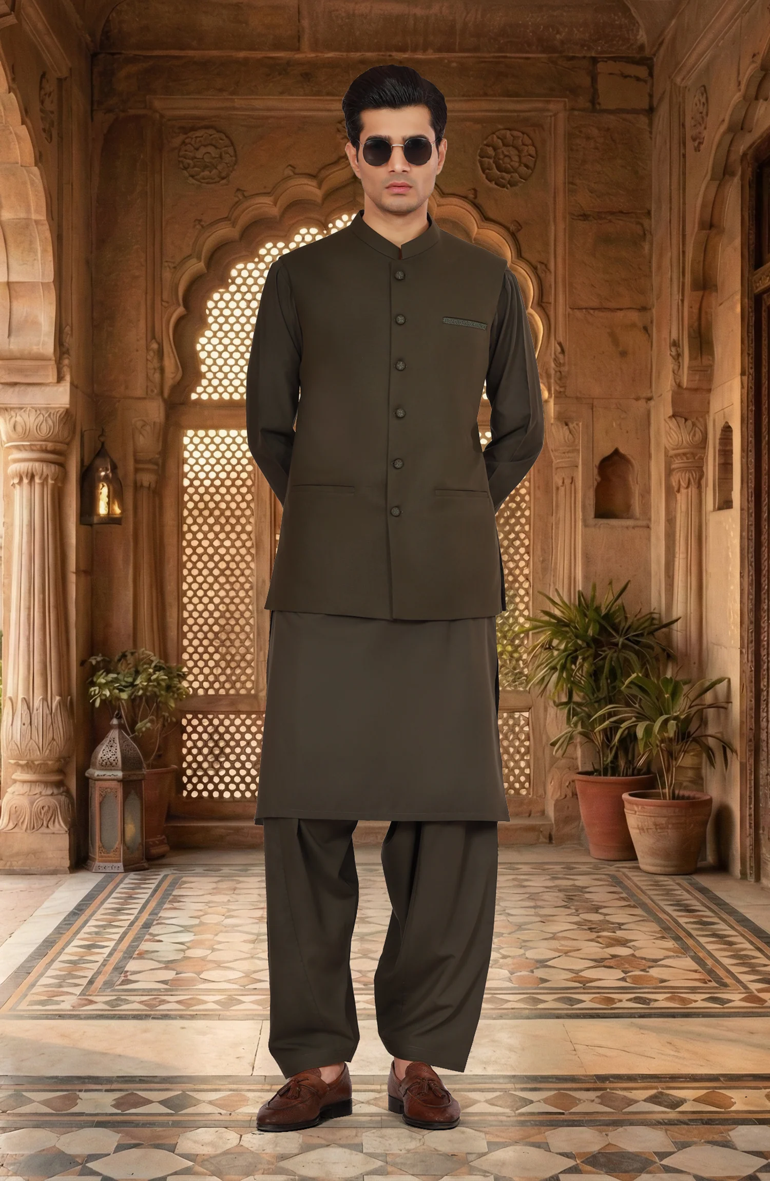 OLIVE-GREEN BLENDED EMBROIDERED WAISTCOAT