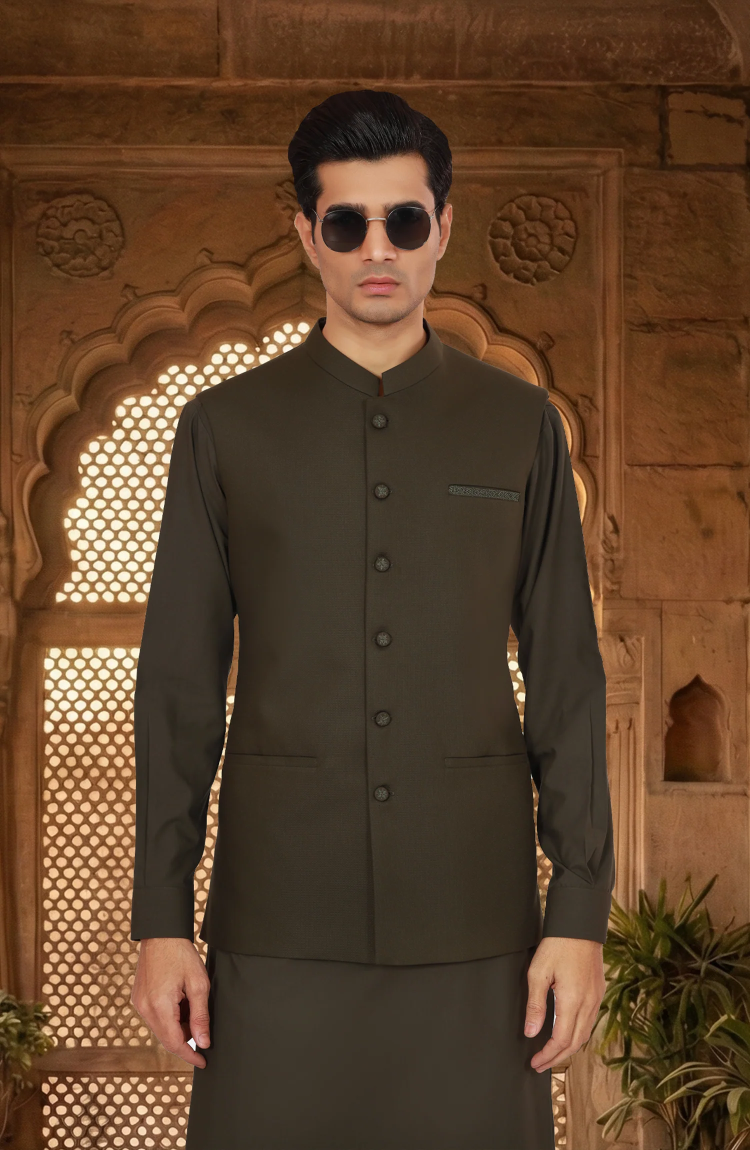 OLIVE-GREEN BLENDED EMBROIDERED WAISTCOAT - Image 2