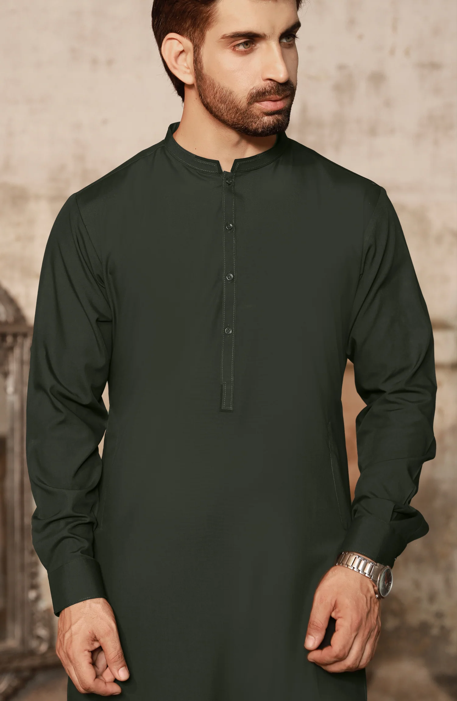 OLIVE GREEN BLENDED KAMEEZ SHALWAR - Image 3