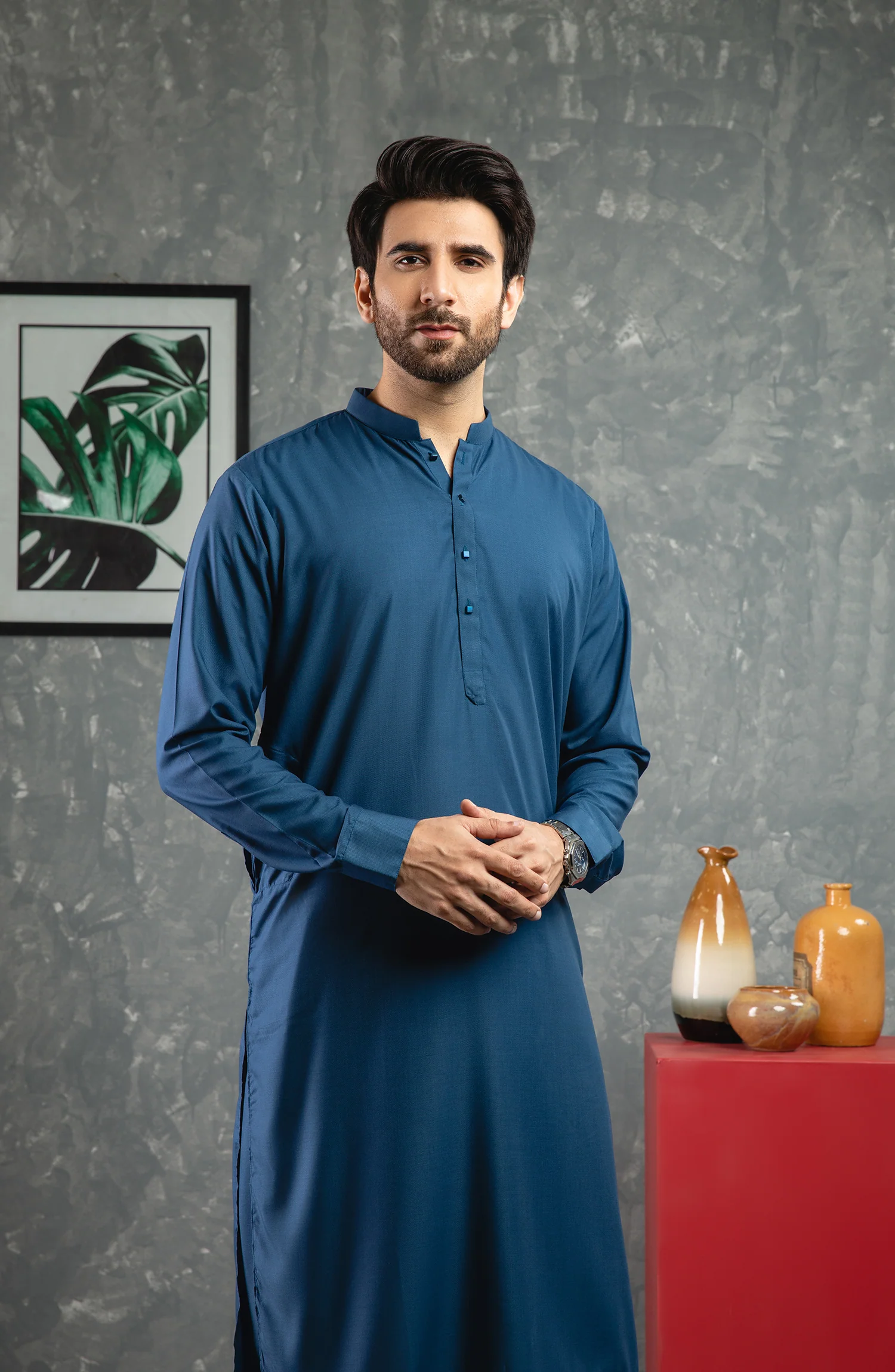 PRE WINTER'22 MEN KAMEEZ SHALWAR PLAIN BLUE - Image 3