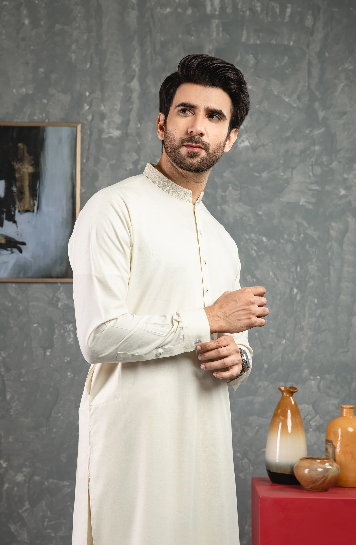 PRE WINTER'22 MEN KAMEEZ SHALWAR SEMI FORMAL OFF WHITE - Image 2