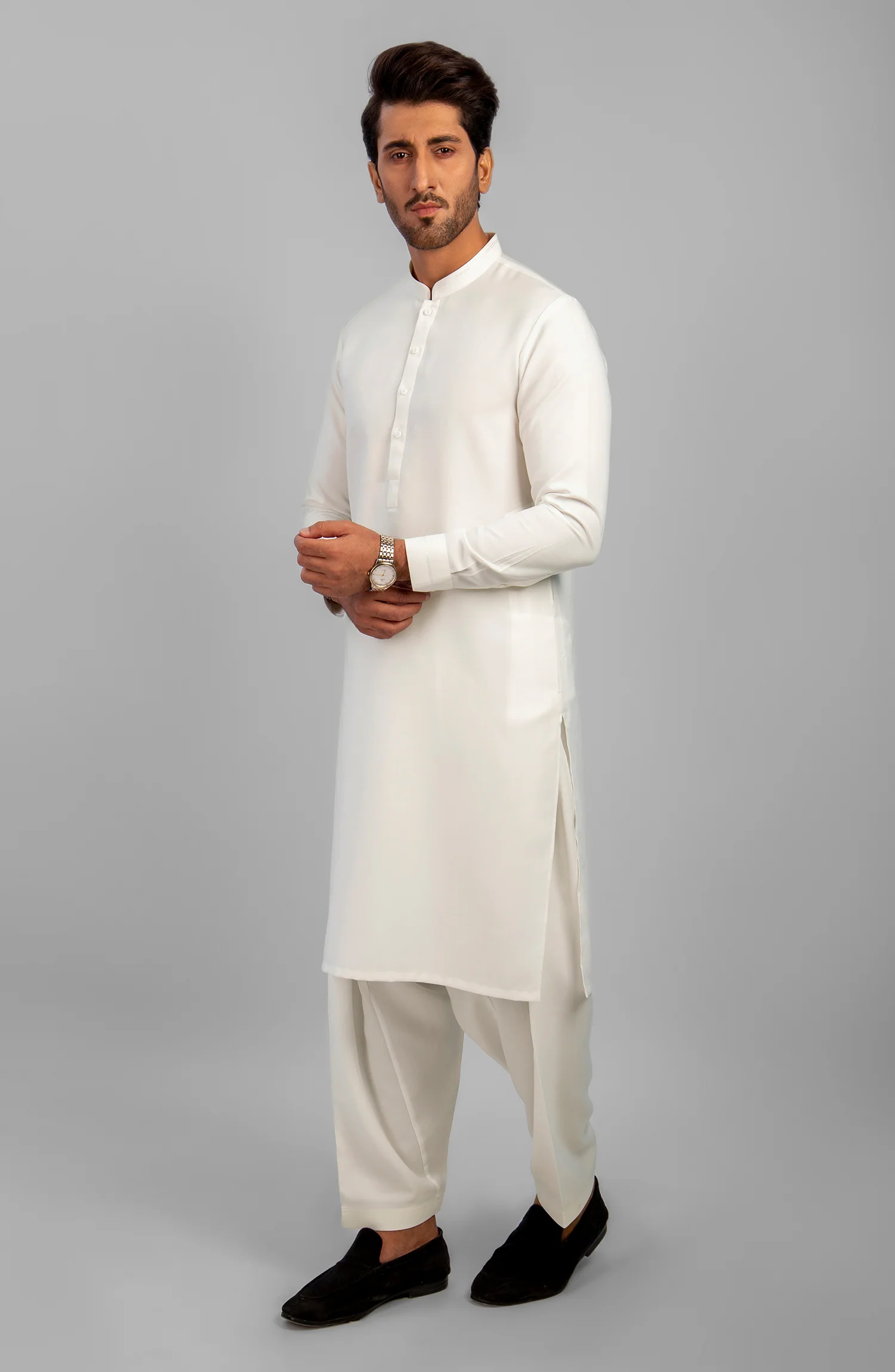 PRE WINTER'23 MEN KAMEEZ SHALWAR CASUAL MILKY WHITE - Image 3