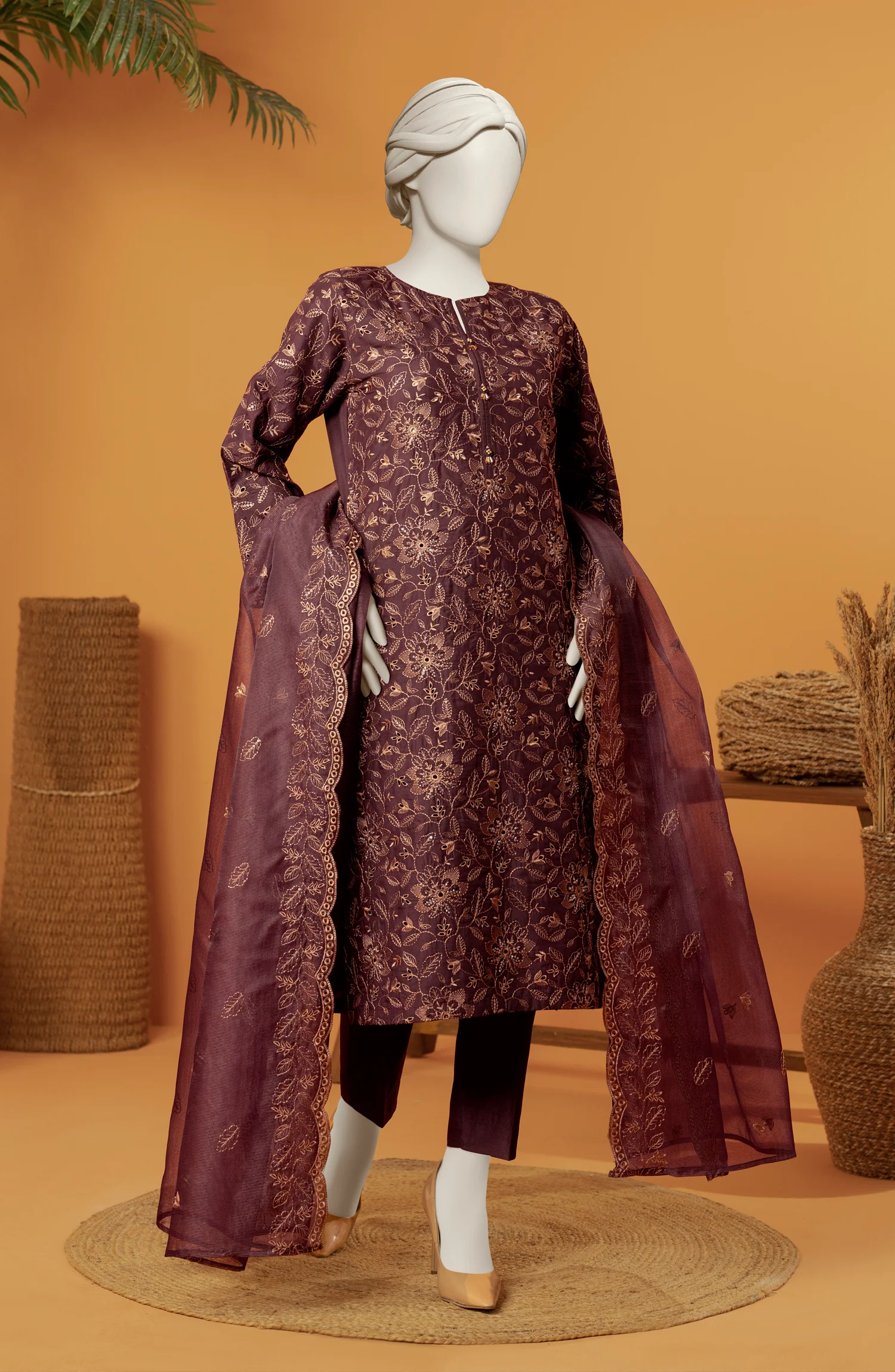 RAW SILK EMBROIDERED STITCHED 3 PIECE