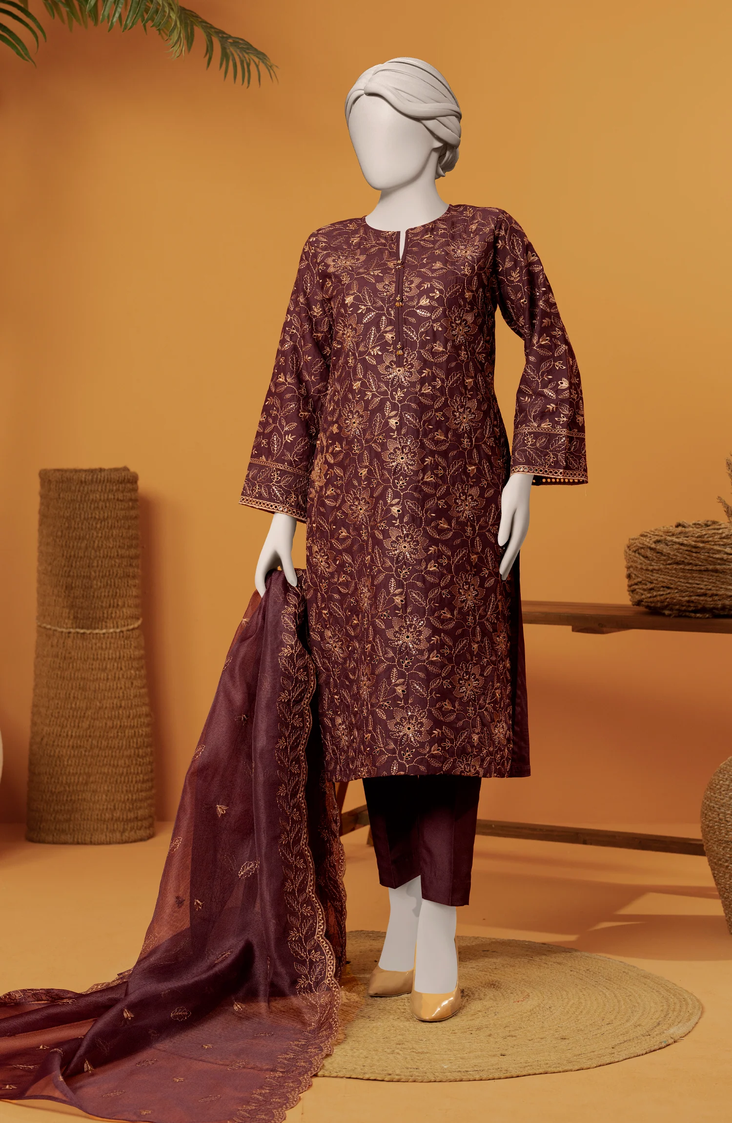 RAW SILK EMBROIDERED STITCHED 3 PIECE - Image 5