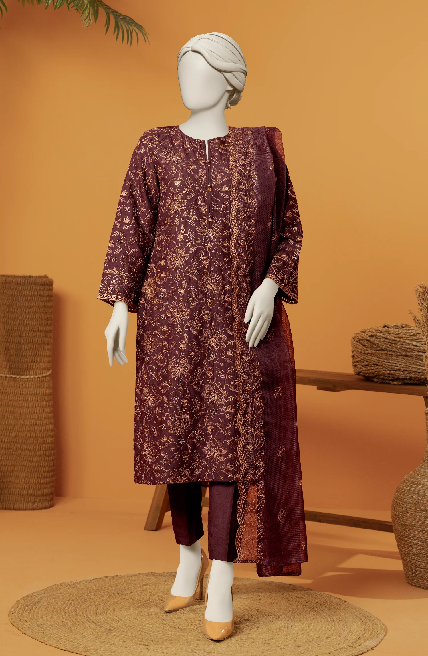 RAW SILK EMBROIDERED STITCHED 3 PIECE - Image 6
