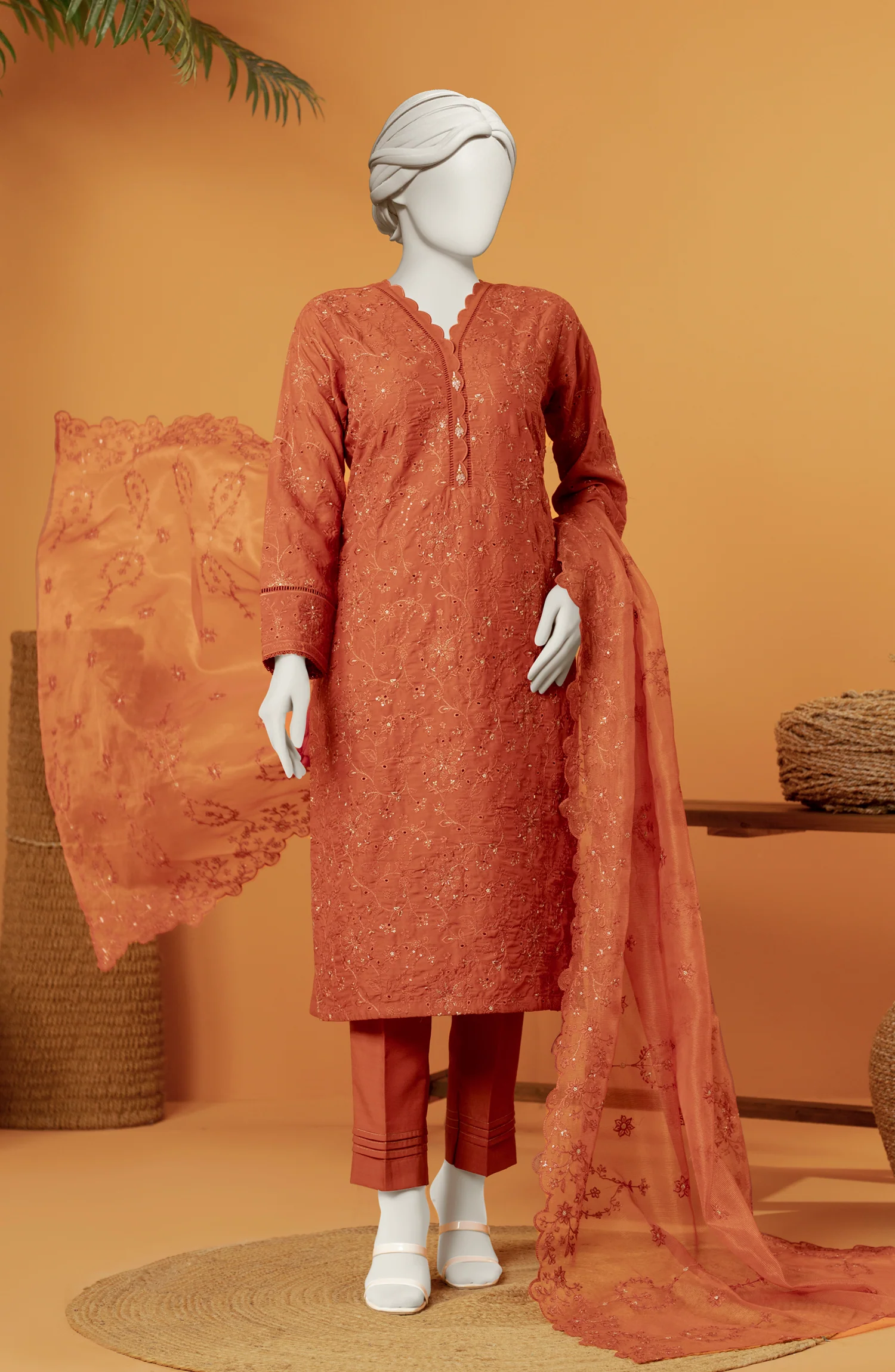 RAW SILK EMBROIDERED STITCHED 3 PIECE - Image 7