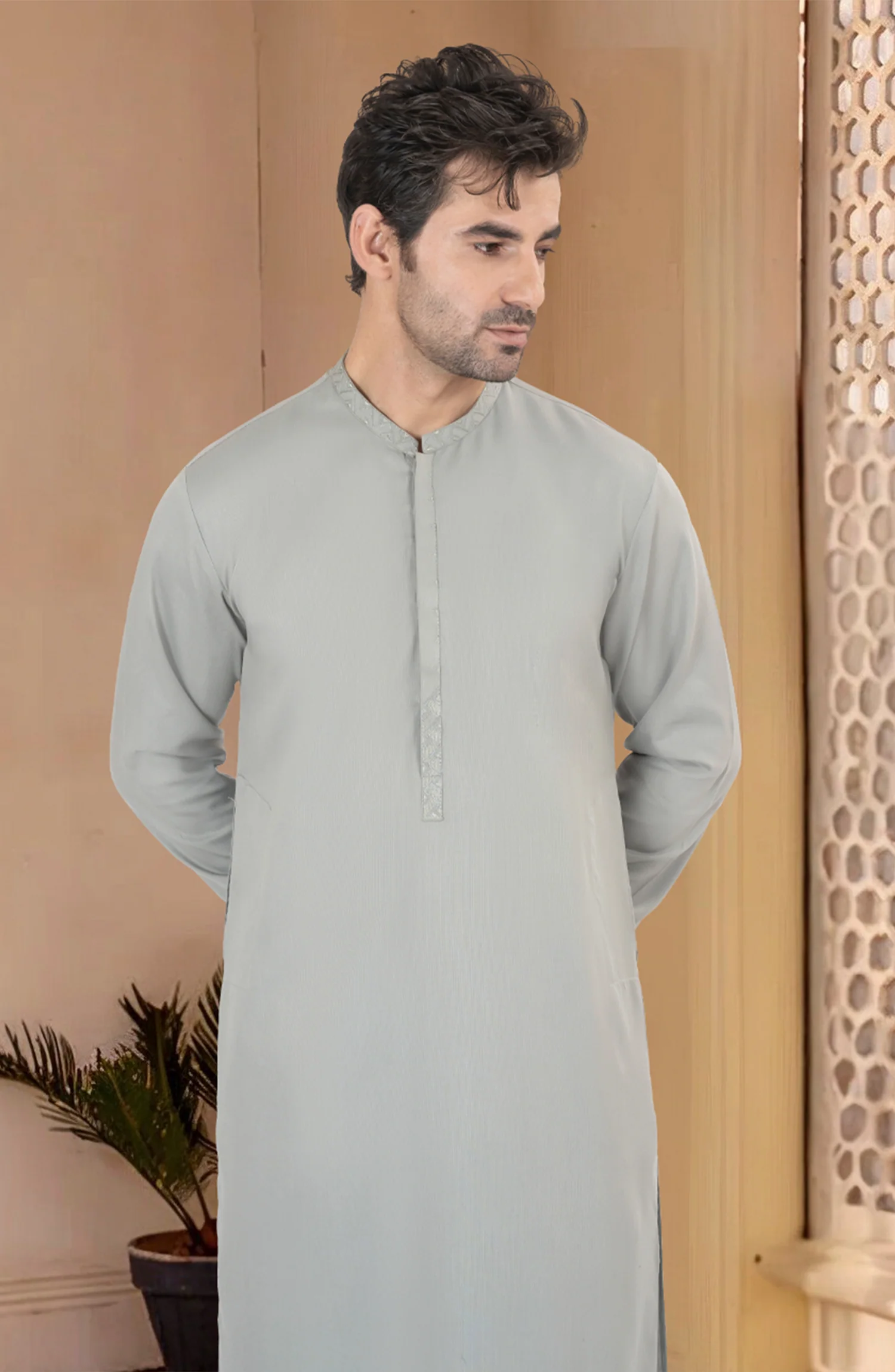 SAGE GREEN BLENDED EMBROIDERED KAMEEZ SHALWAR - Image 5