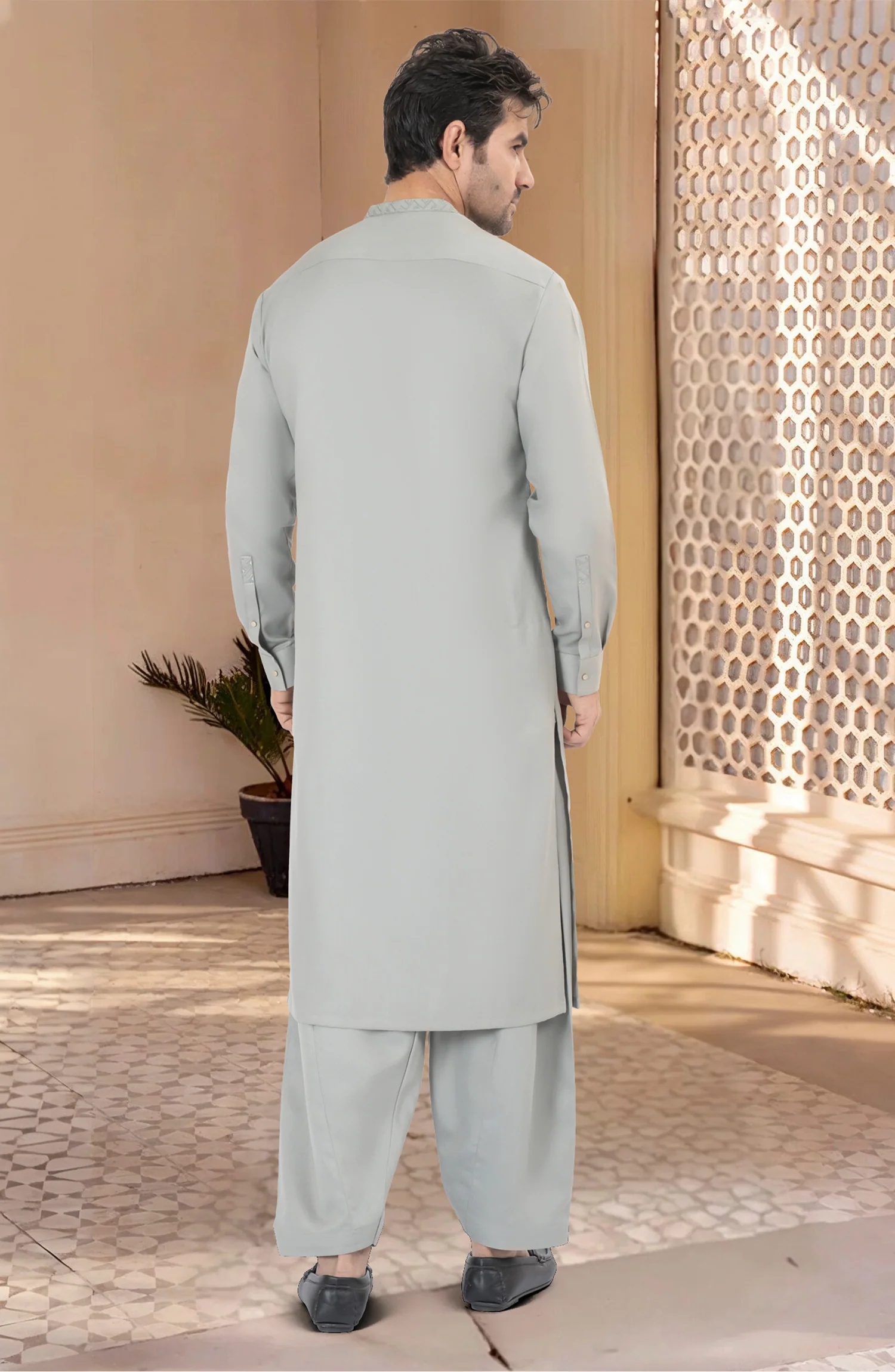 SAGE GREEN BLENDED EMBROIDERED KAMEEZ SHALWAR - Image 6