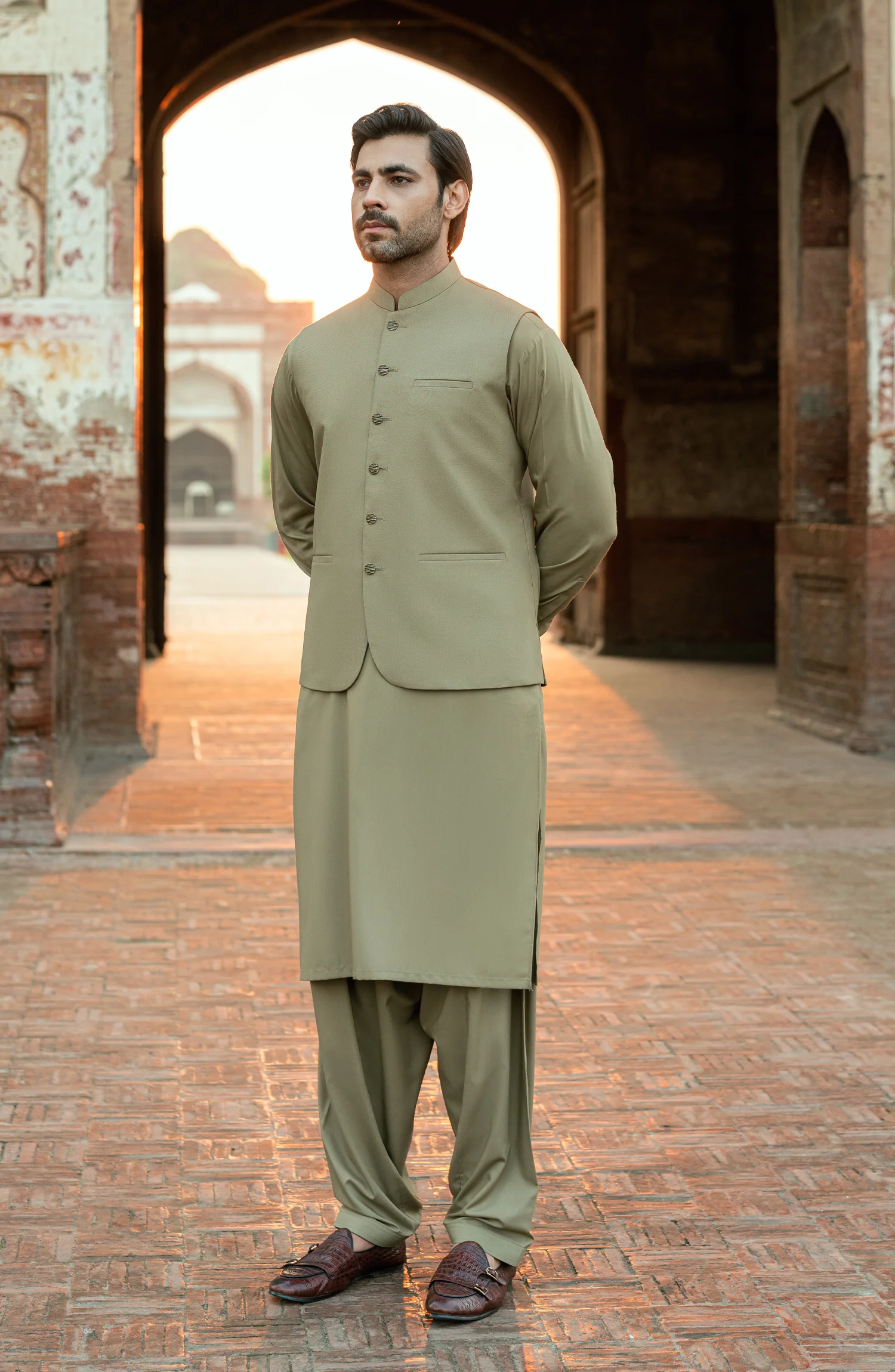 SAND BLENDED KAMEEZ SHALWAR WITH WAIST COAT - Image 2