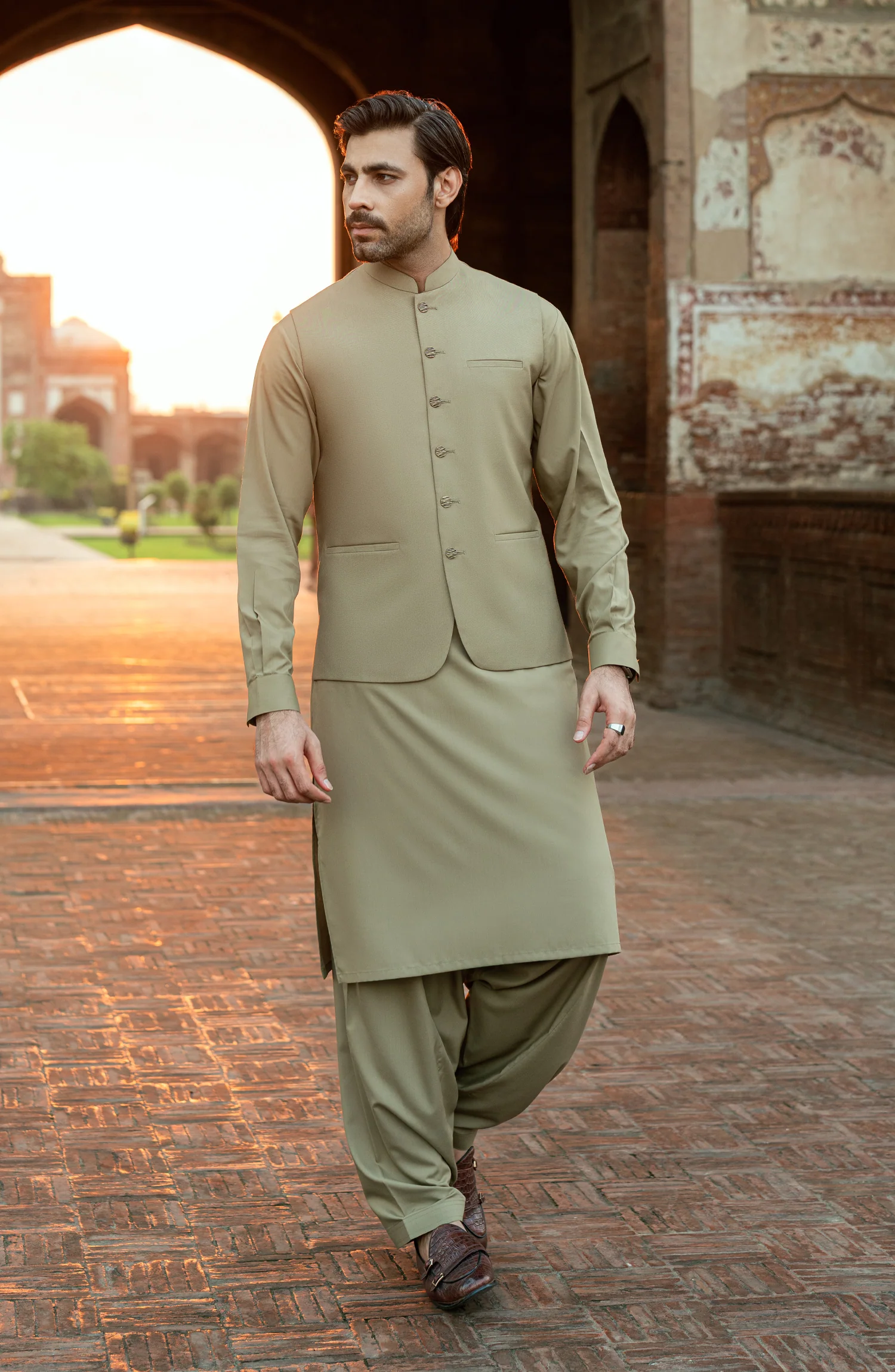 SAND BLENDED KAMEEZ SHALWAR WITH WAIST COAT - Image 4