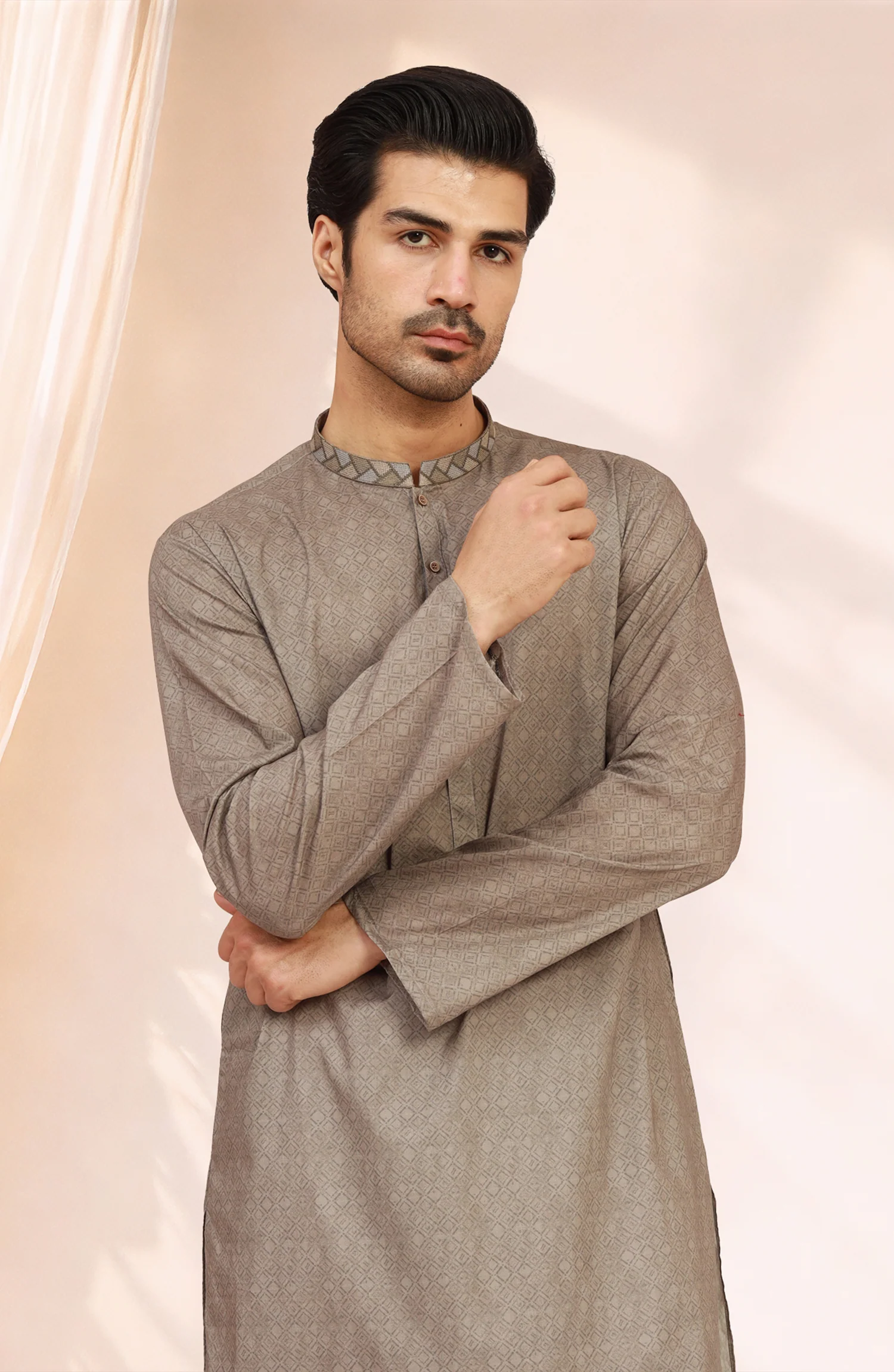 SAND-BROWN 100% COTTON PRINTED KURTA - Image 3