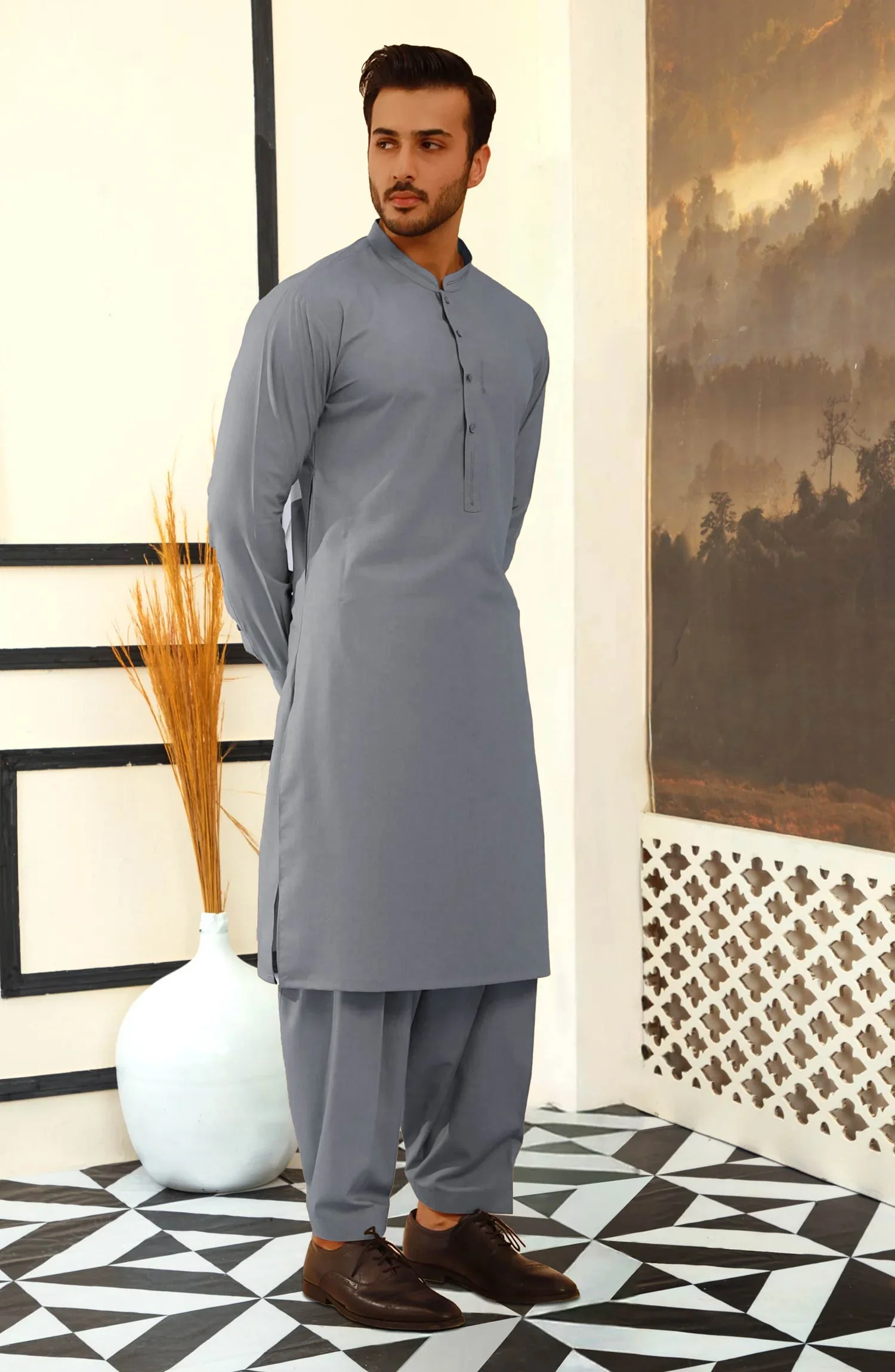 SILVER GREY BLENDED KAMEEZ SHALWAR - Image 4