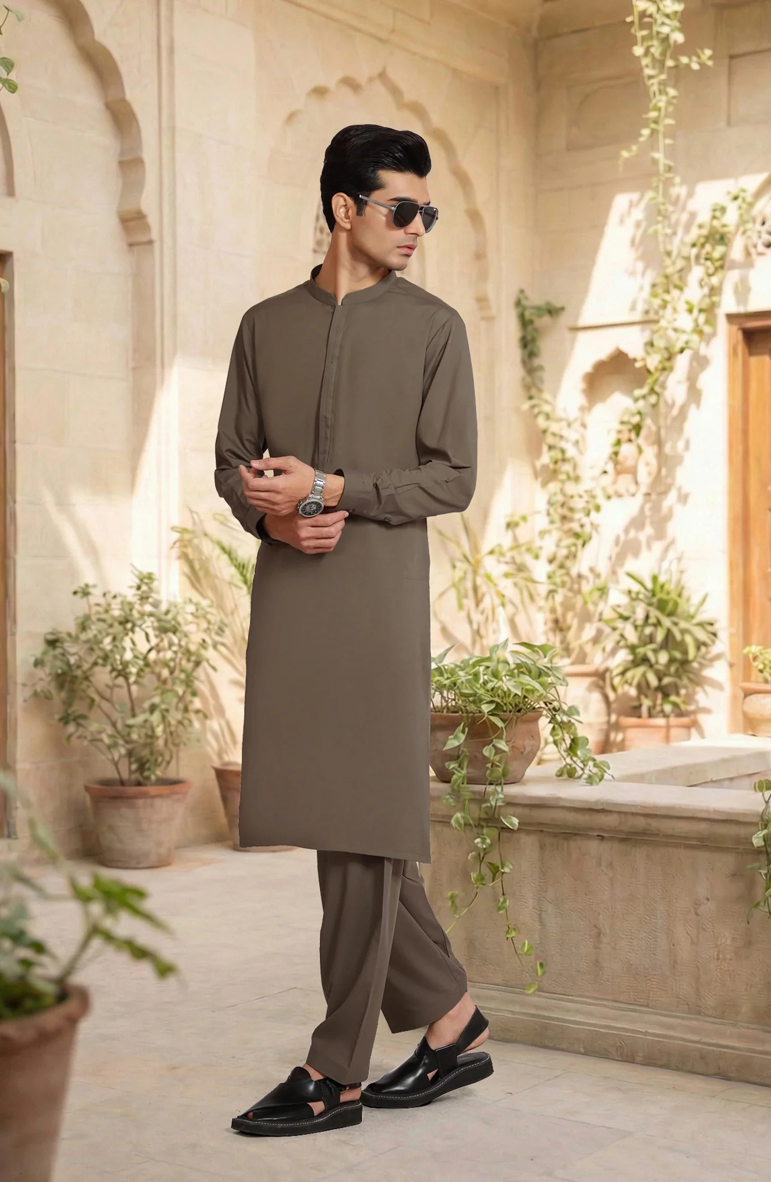 SOLDIER-GREEN BLENDED KAMEEZ SHALWAR - Image 4