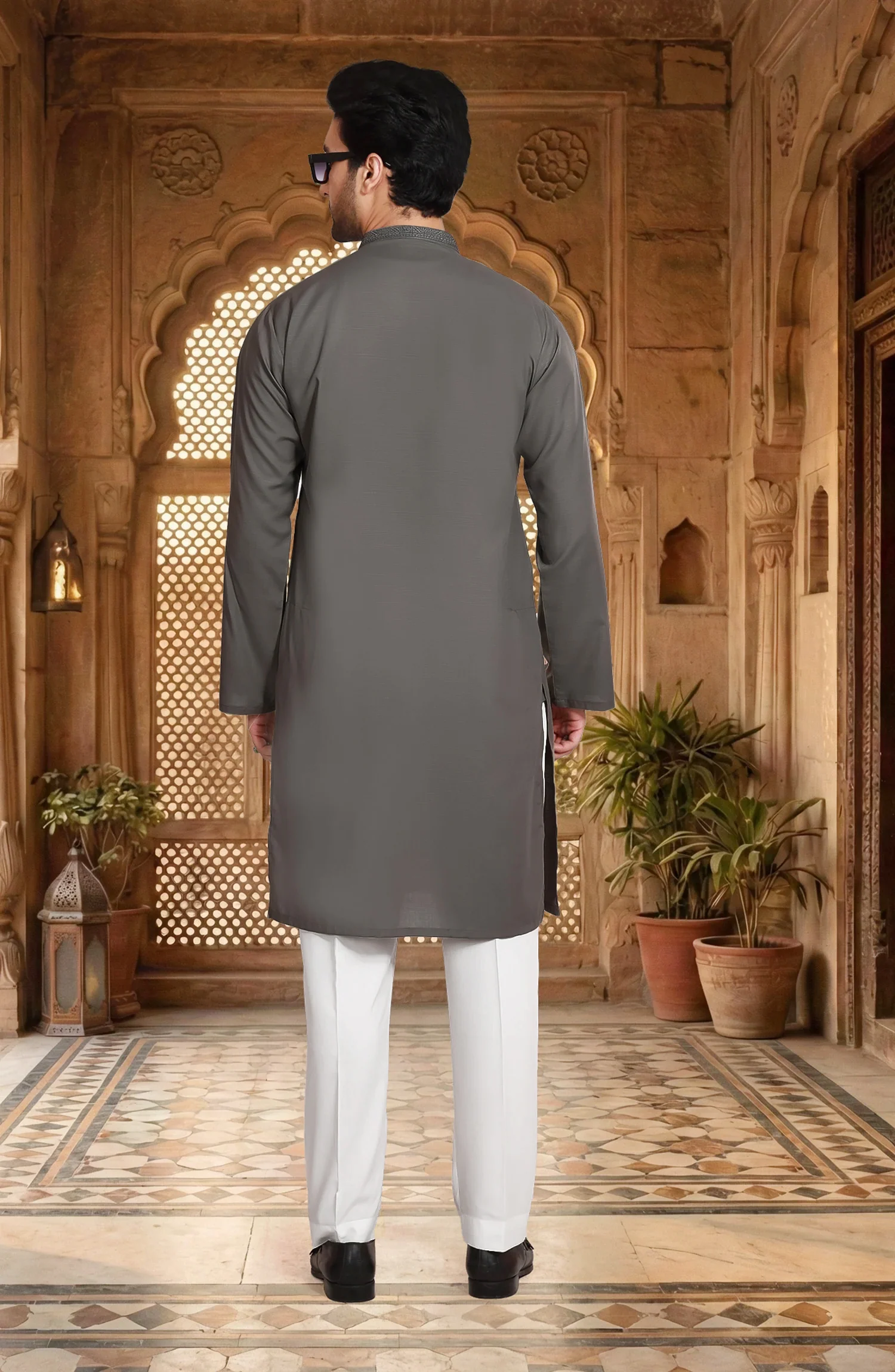 STONE GREY BLENDED EMBROIDERED KURTA - Image 3
