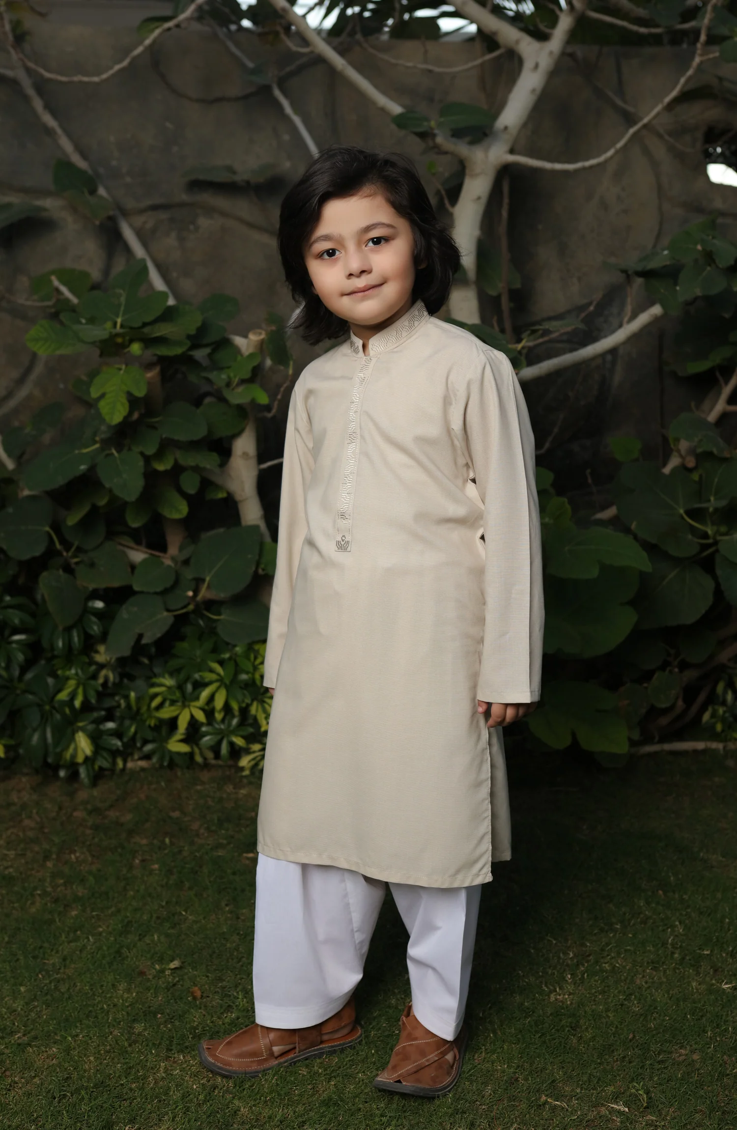 SUMMER'22 BOYS FORMAL EMBROIDERY KURTA BEIGE - Image 2