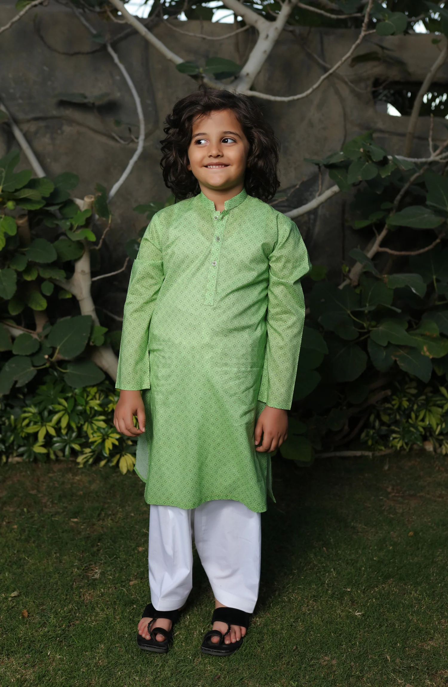 SUMMER'22 BOYS PRINTED KURTA GREEN - Image 3