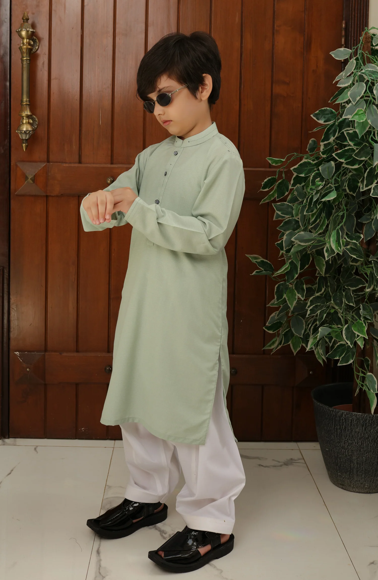SUMMER'22 BOYS SEMI FORMAL STYLING KURTA SEA GREEN - Image 3
